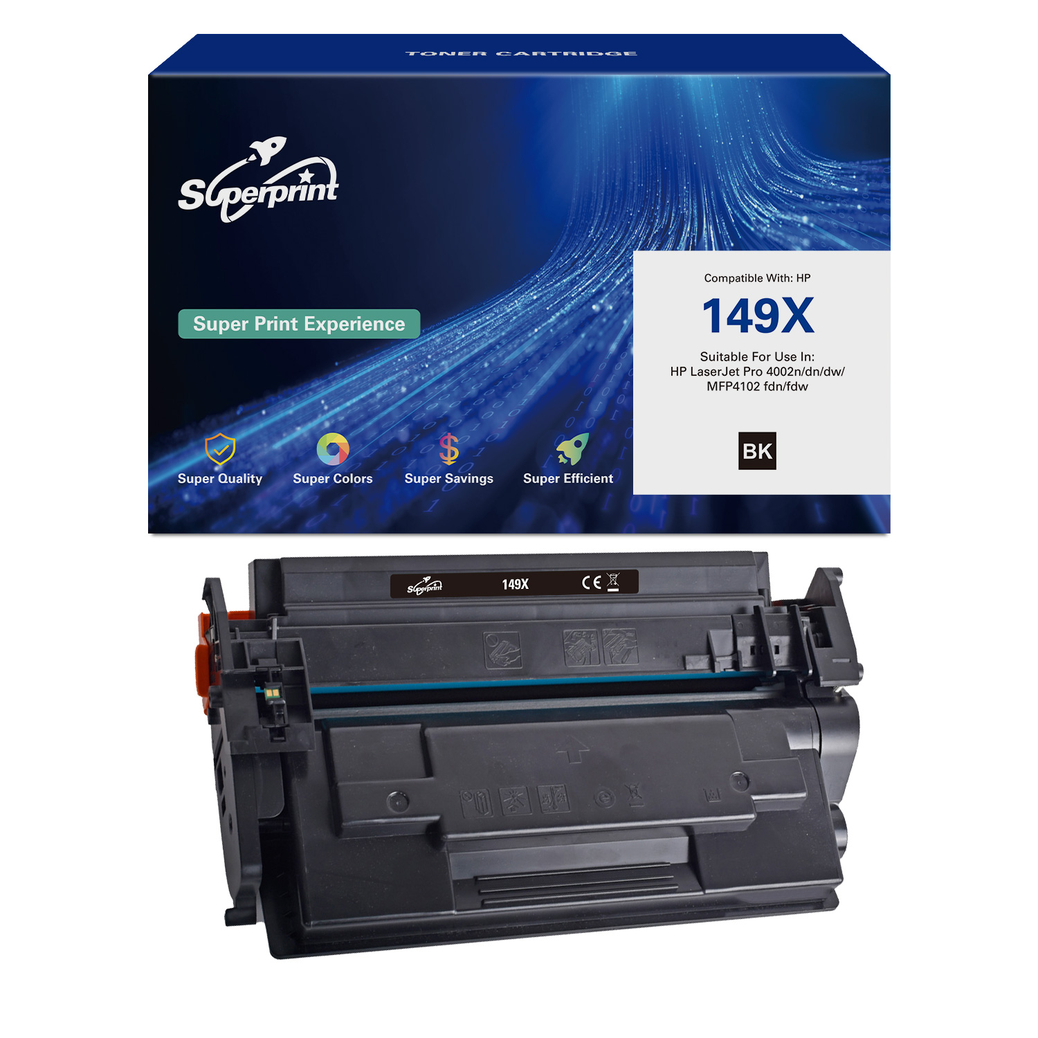 Tonercartridge met een doos op de achtergrond, met het merk en productdetails.