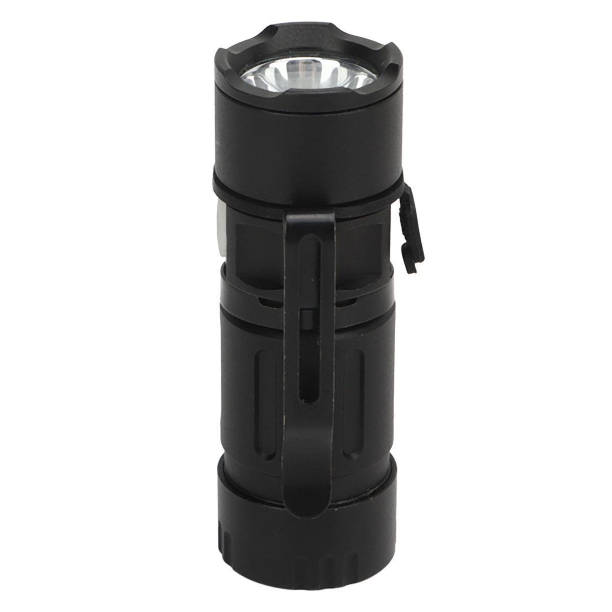 Schwarze Taschenlampe mit Clip, Draufsicht, zeigt das Licht und den Hauptkörper.