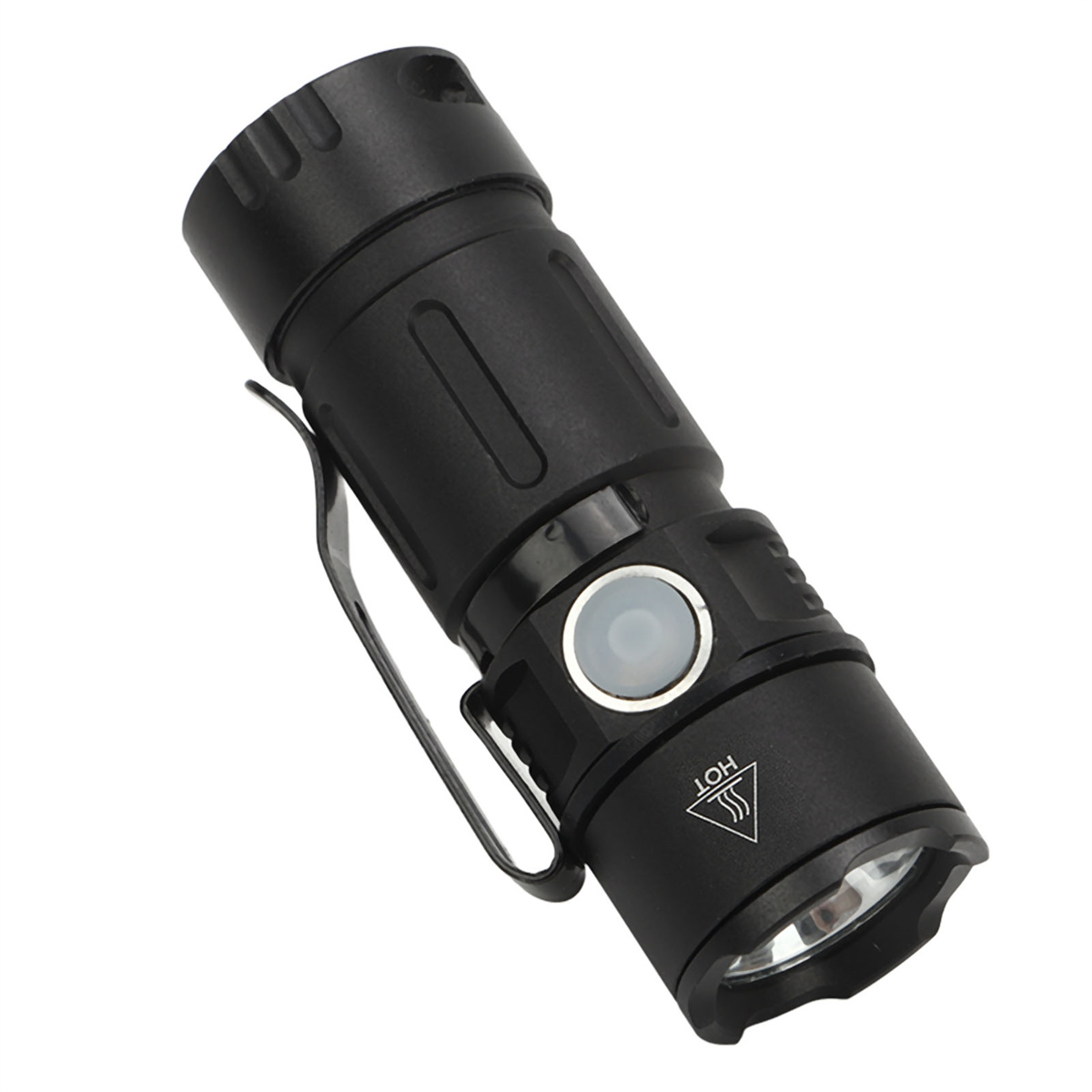 Schwarze Taschenlampe mit Clip und Knopf. Heiß-Symbol ist sichtbar.