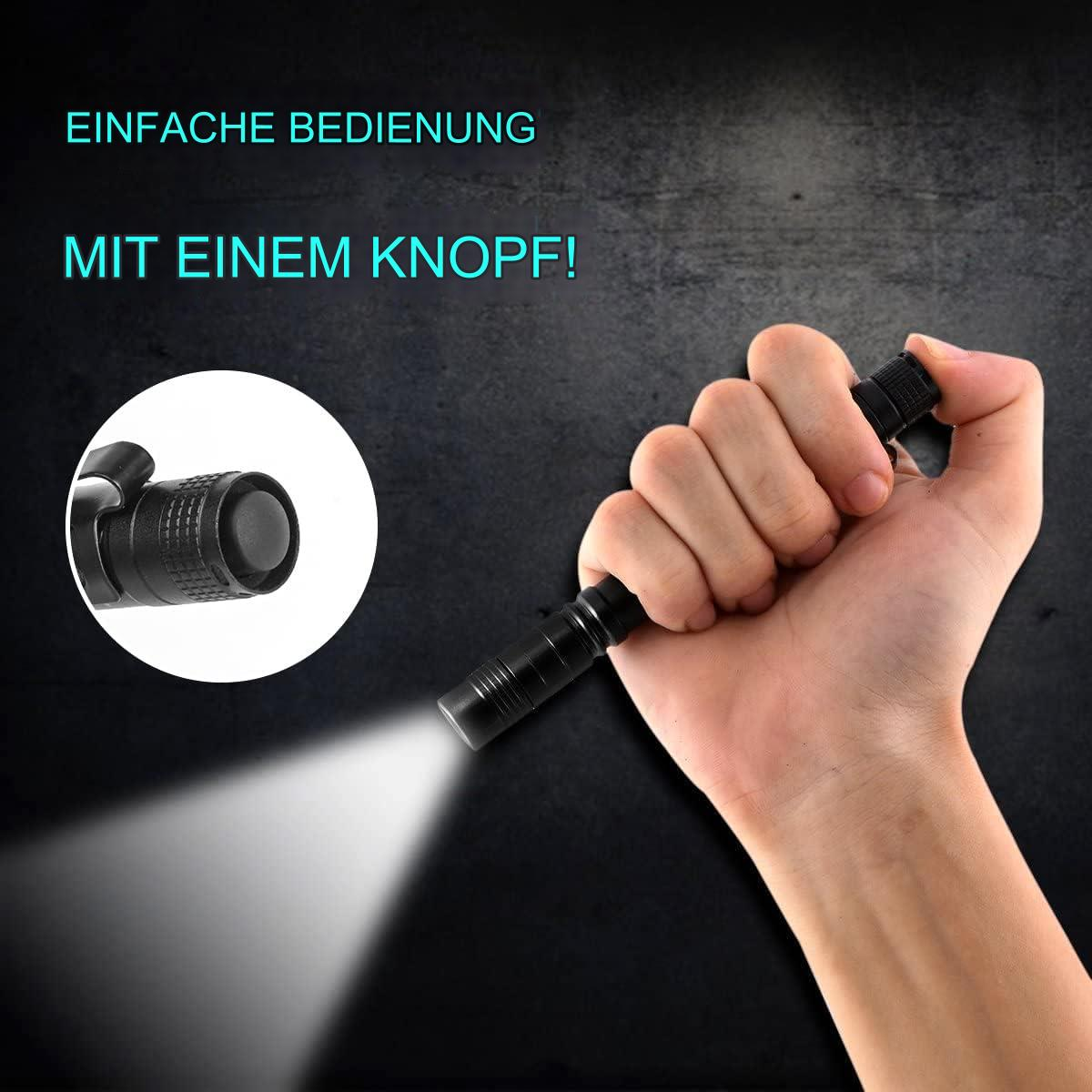 Eine Hand hält eine schwarze Taschenlampe. Der Lichtstrahl scheint. Eine vergrößerte Ansicht links.