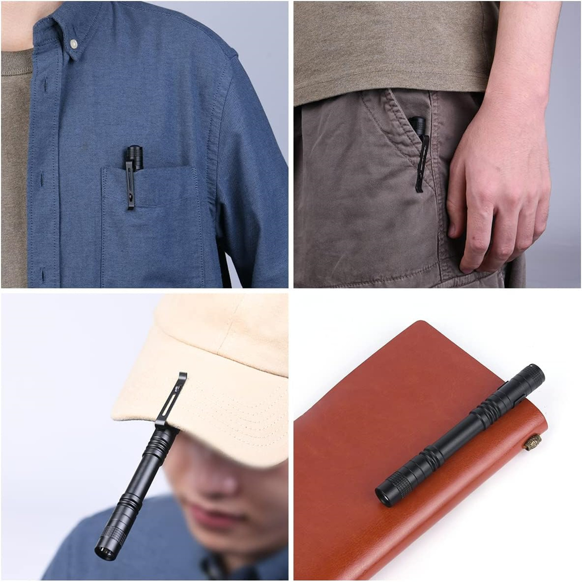 Vier Bilder, die einen Stift in verschiedenen Varianten zeigen: Tasche, Tasche, Hutkrempe, Notizbuch.