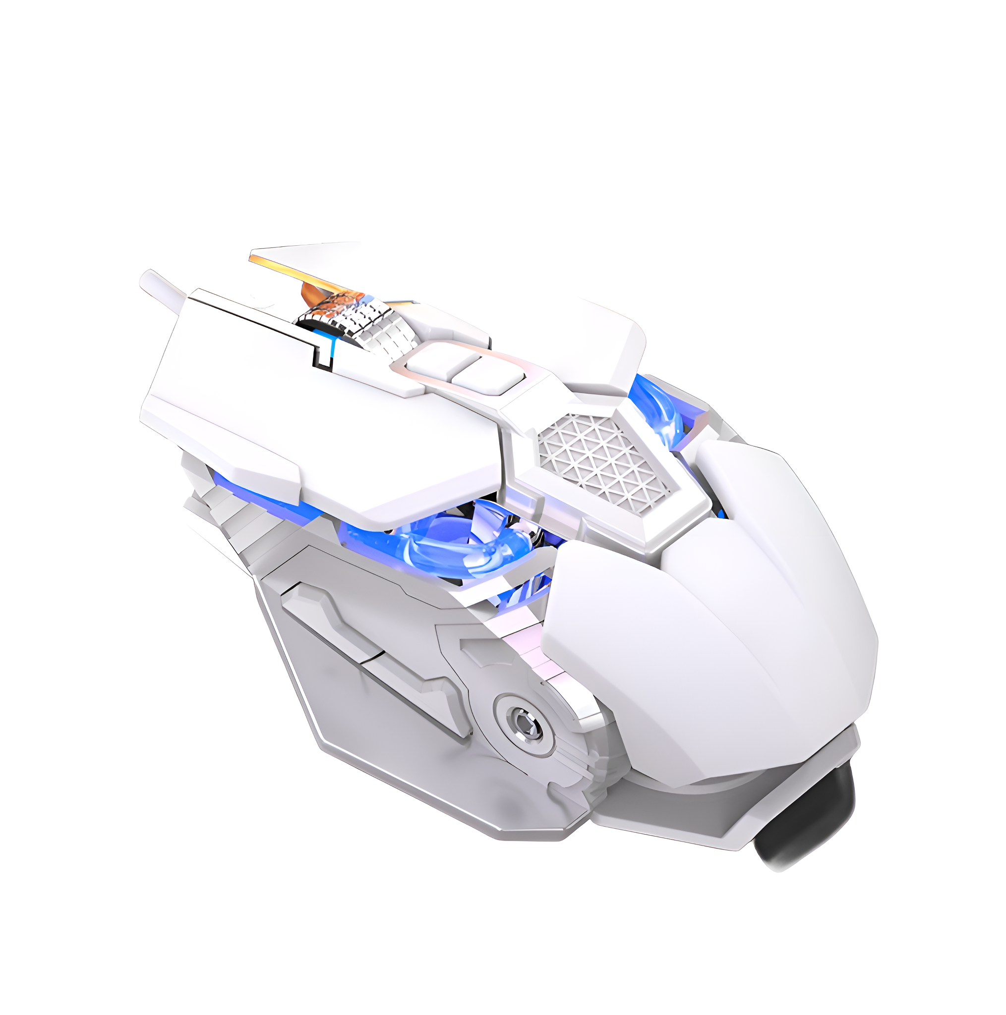 Weiße Gaming-Maus mit blauen und orangefarbenen Akzenten. Sie hat ein futuristisches Design.