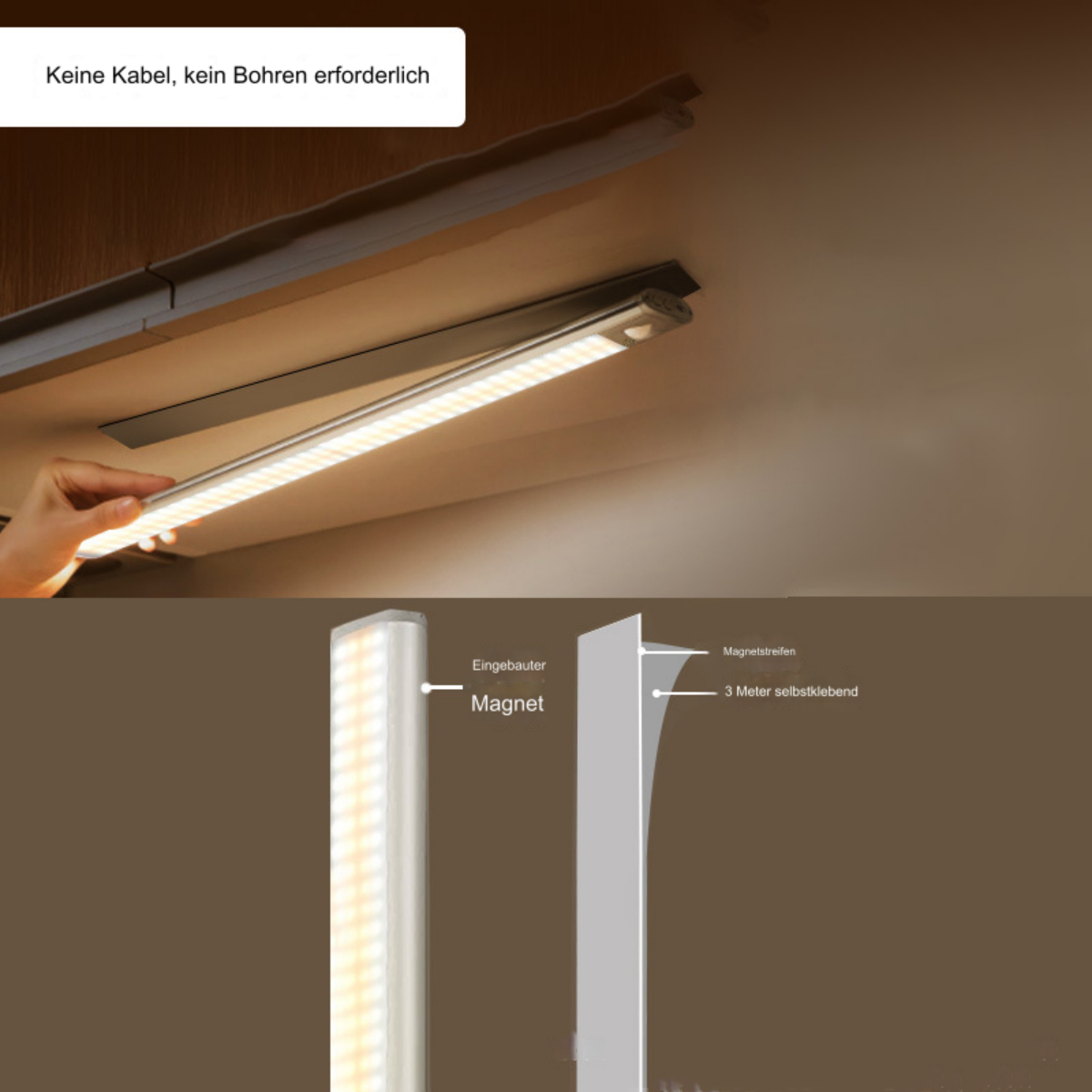 Unter einem Schrank installierte Lichter. Das Bild zeigt die Lichter und ihre Komponenten.