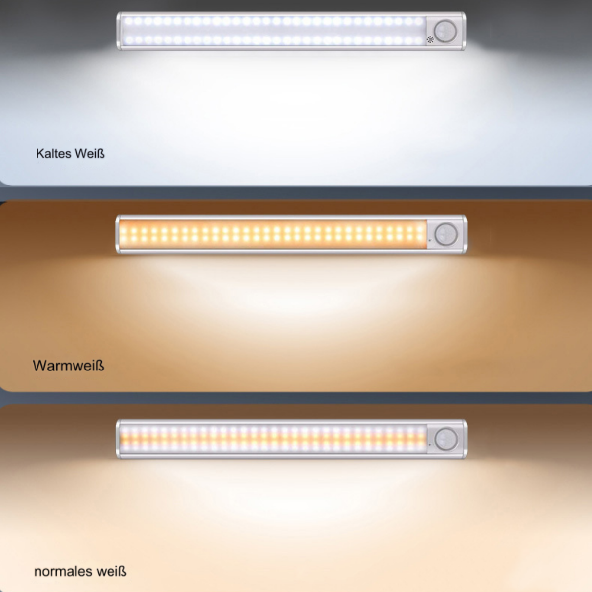 Drei Lichtleisten, die verschiedene Farbtemperaturen zeigen: kaltweiß, warmweiß und normalweiß, mit einem Schalter.
