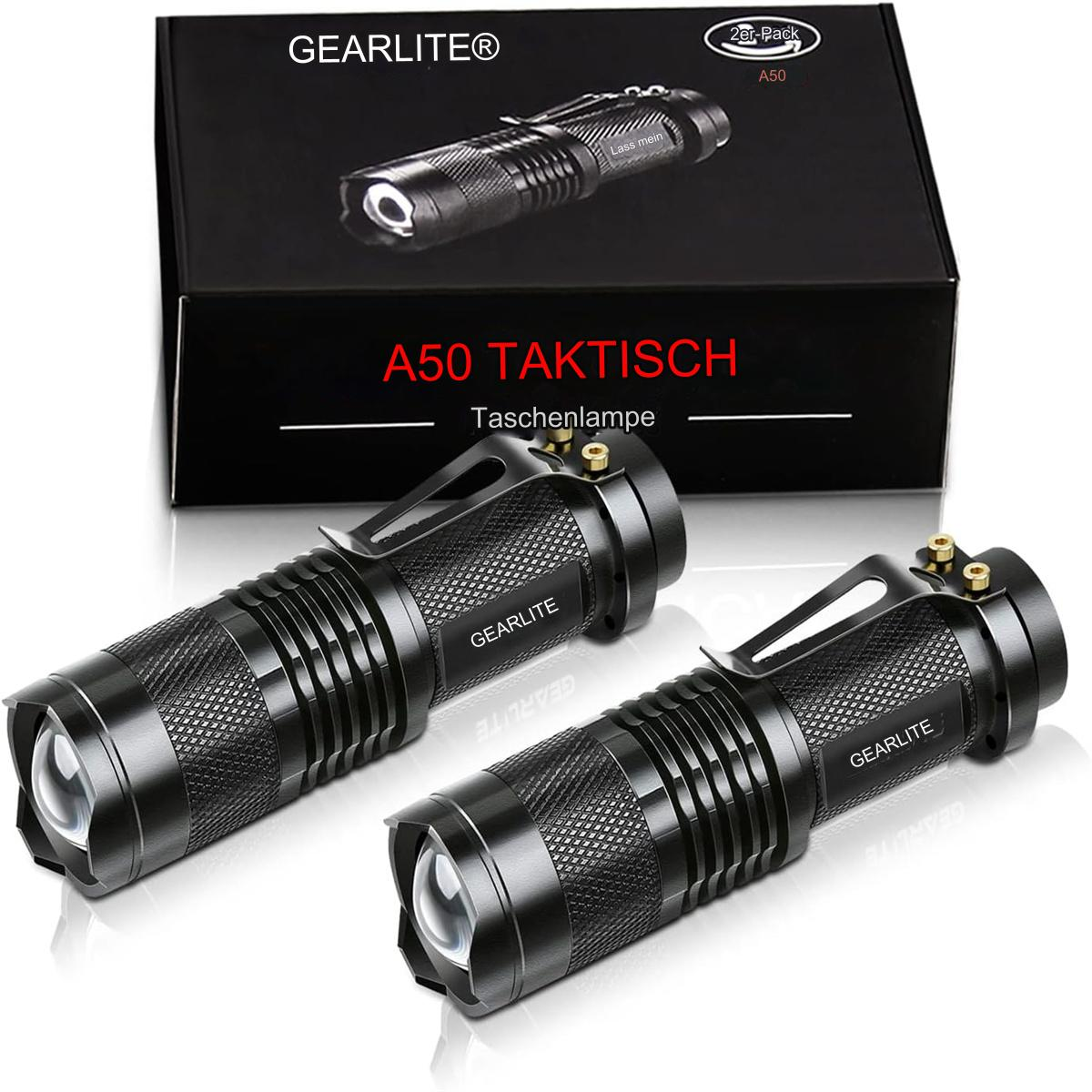 Zwei schwarze Taschenlampen mit GEARLITE-Schriftzug. Schwarze Box mit Taschenlampenbild. Weißer HG.
