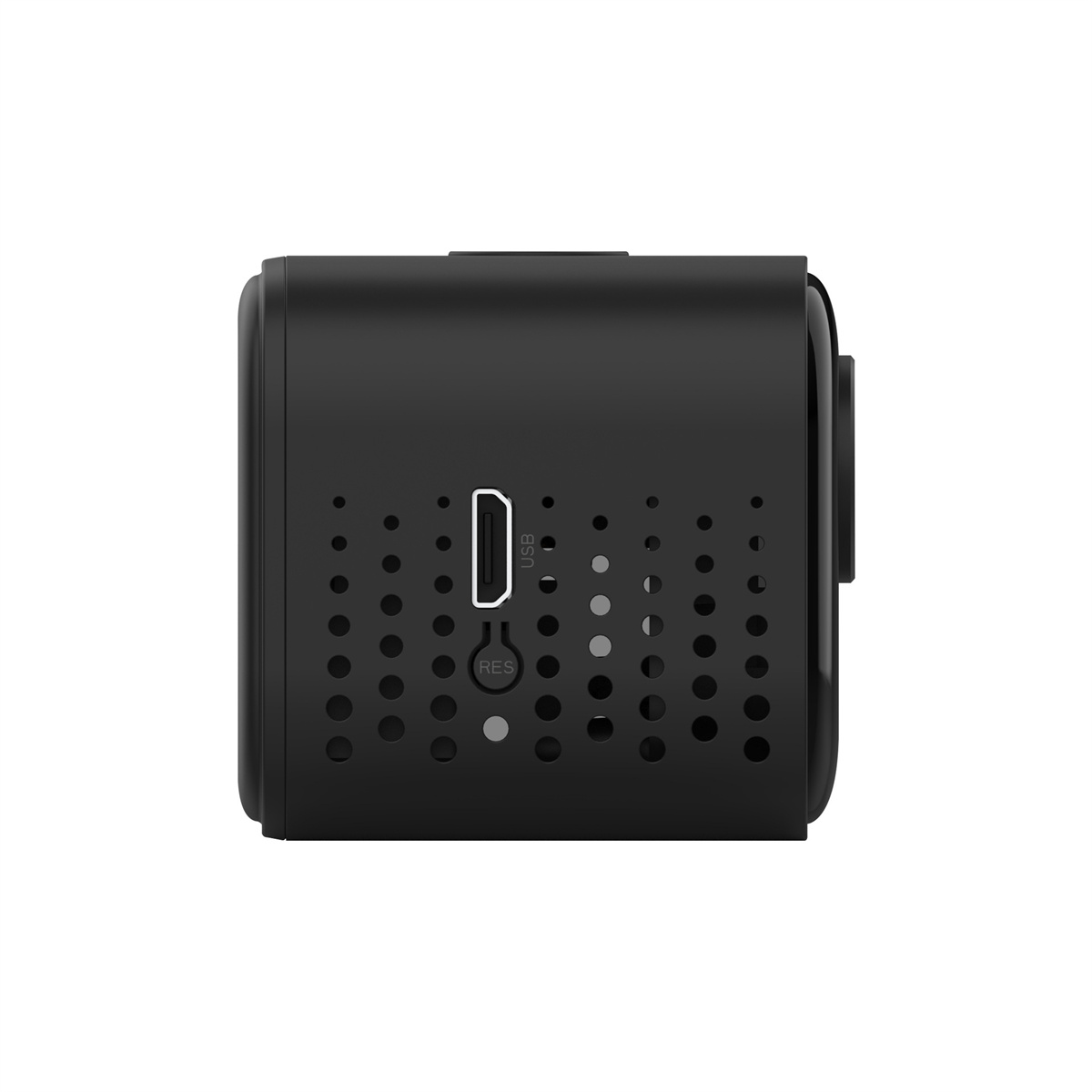 Schwarze, quadratische Mini-Kamera mit USB- und Reset-Anschlüssen. Perforierte Seiten. Seitenansicht.