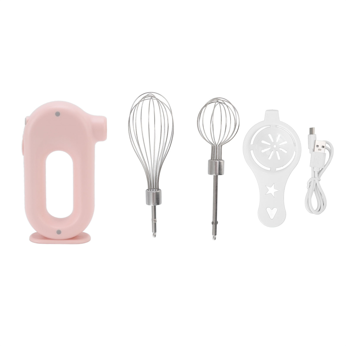 Rosa Handmixer mit verschiedenen Schneebesenaufsätzen und einem USB-Ladegerät.
