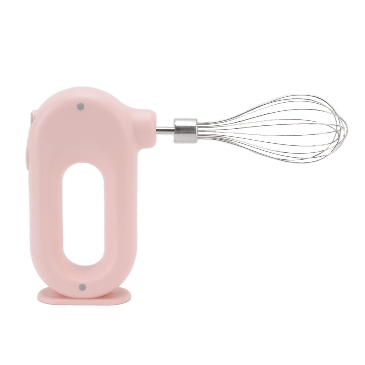 Rosa Handmixer auf weißem Hintergrund, am Mixer ist ein Schneebesen befestigt.