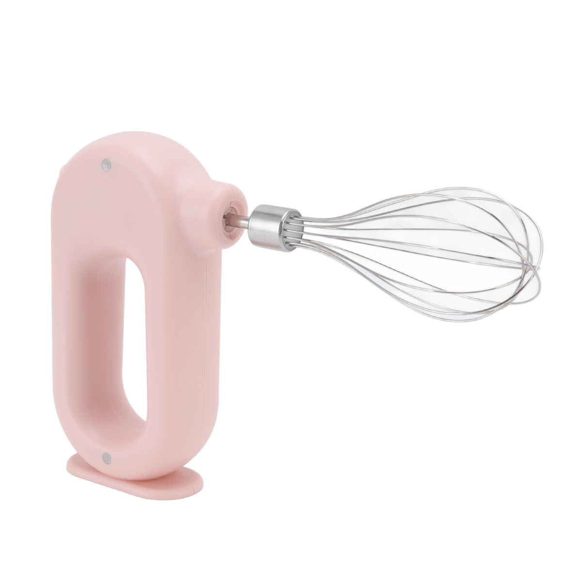 Ein rosa Handmixer mit einem Schneebesen aus Edelstahl.