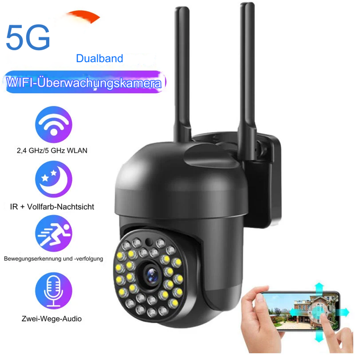 Eine schwarze Überwachungskamera mit Antennen und eine Hand, die ein Telefon mit einem Haus hält.