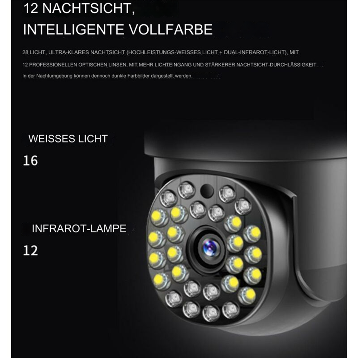 Eine schwarze Überwachungskamera mit Infrarot-LEDs, mit zusätzlichem Text auf Deutsch.