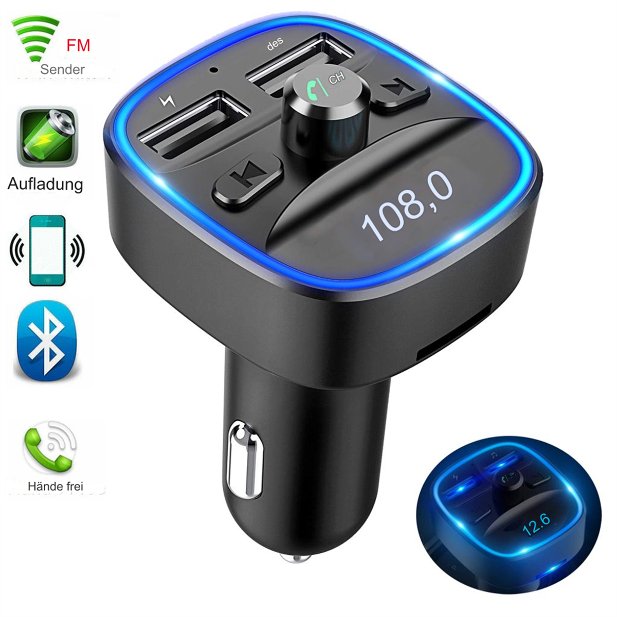 Schwarzer FM-Transmitter mit USB-Anschlüssen und Bluetooth-Symbol. Anzeige zeigt 108.0. Eine andere zeigt 12.6. Lade- und Freisprechsymbole.