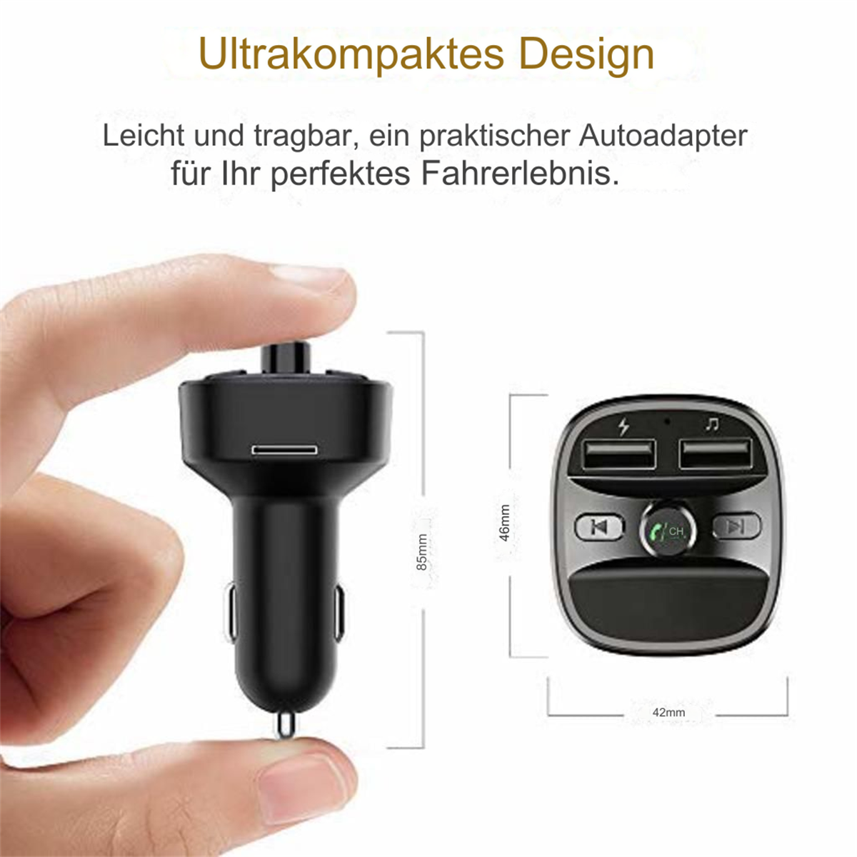 Schwarzer Auto-Adapter mit zwei USB-Anschlüssen, Abmessungen und Text. Eine Hand hält ihn.
