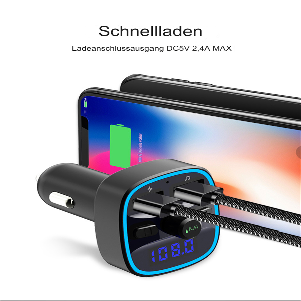Schwarzes Autoladegerät mit blauem Display, lädt zwei Handys. Text zeigt Schnellladung.