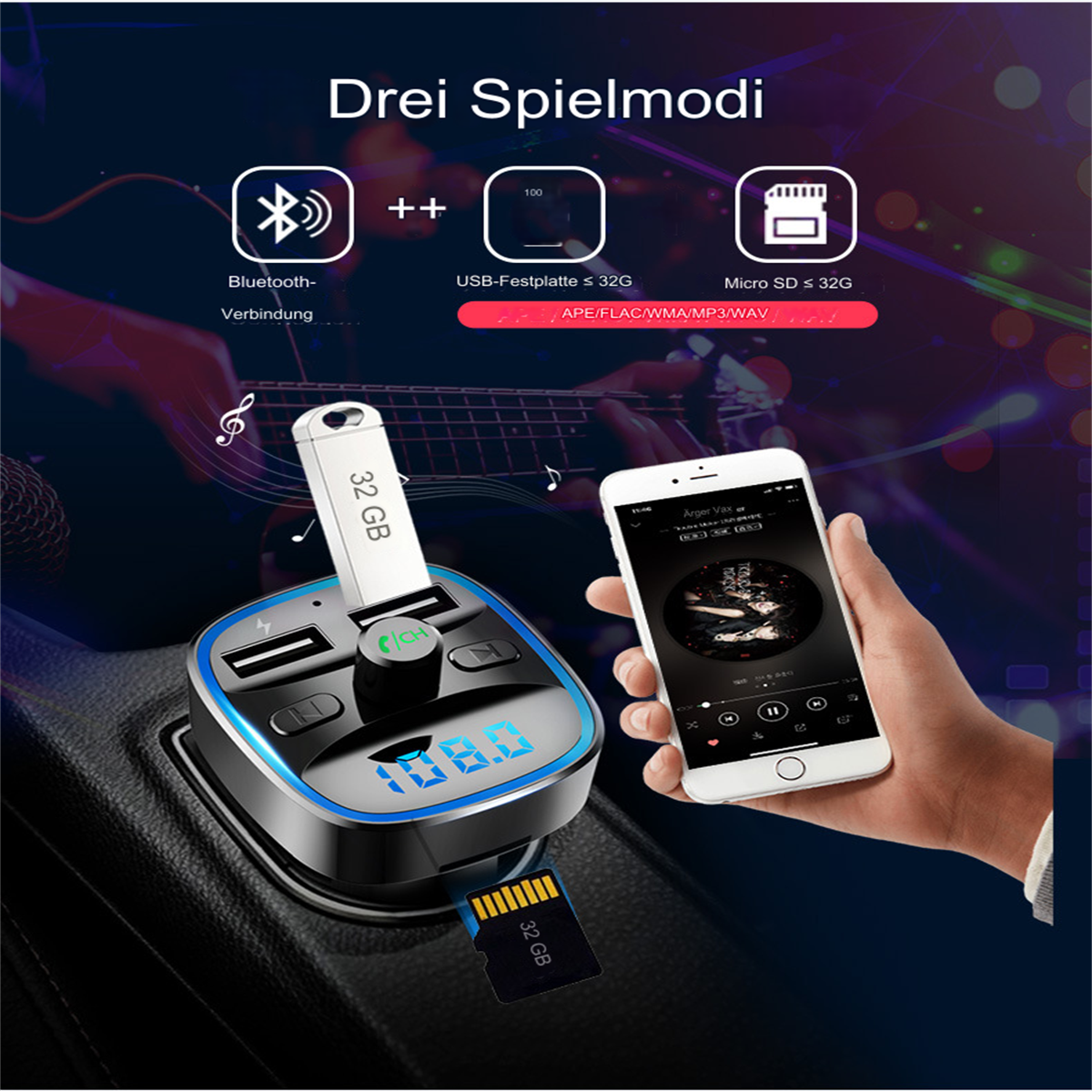 Autoladegerät mit USB- und SD-Kartensteckplätzen. Ein Telefon zeigt eine Musik-App an.
