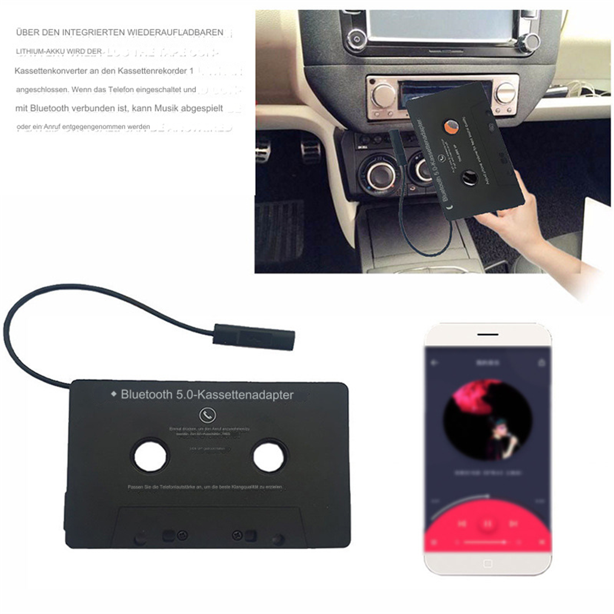 Schwarzer Kassettentape-zu-Bluetooth-Adapter. Ein Telefon mit Musik-App ist sichtbar. Adapter im Auto und Hand.