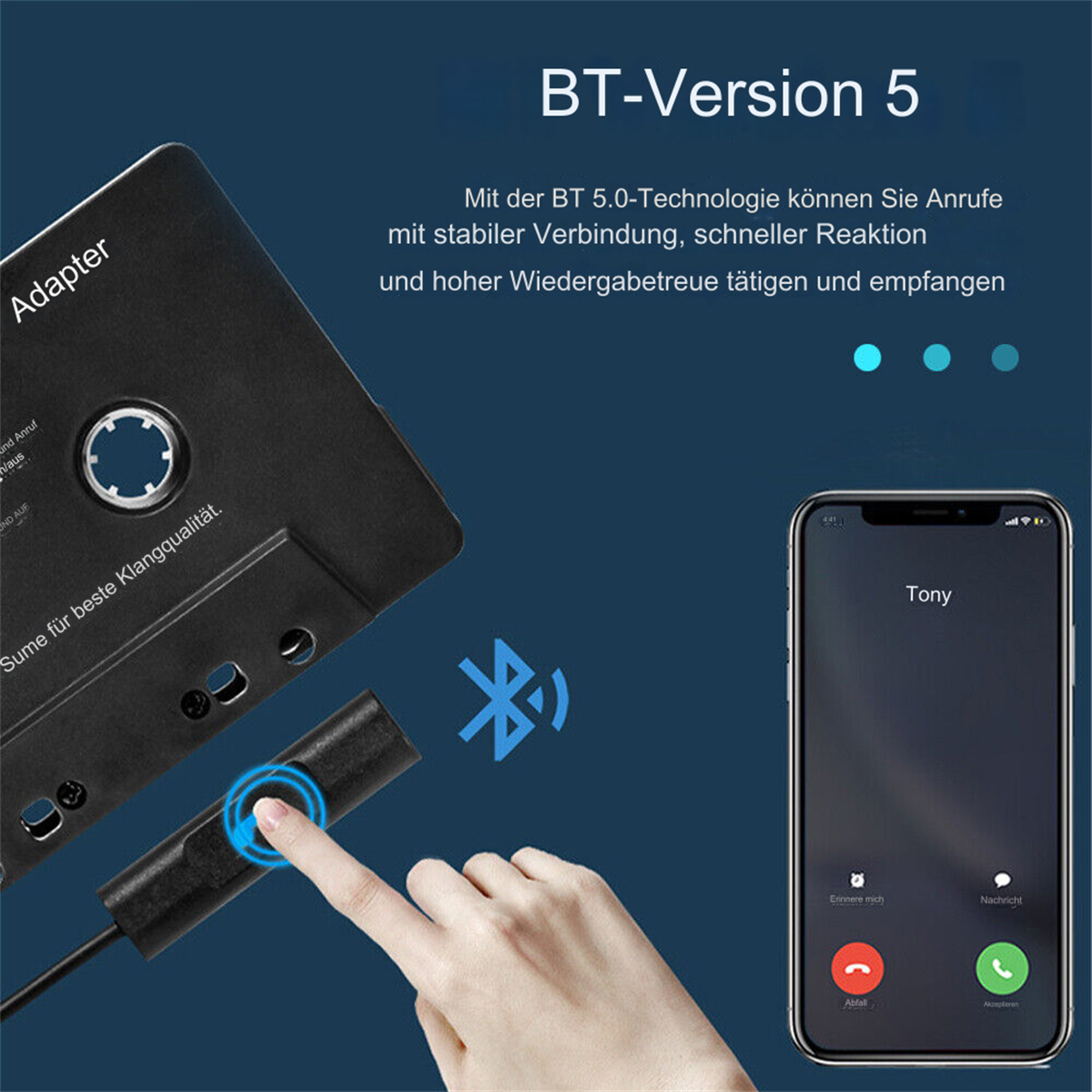 Person verwendet Adapter, um Telefon für einen Anruf zu verbinden, mit Telefon auf der rechten Seite.