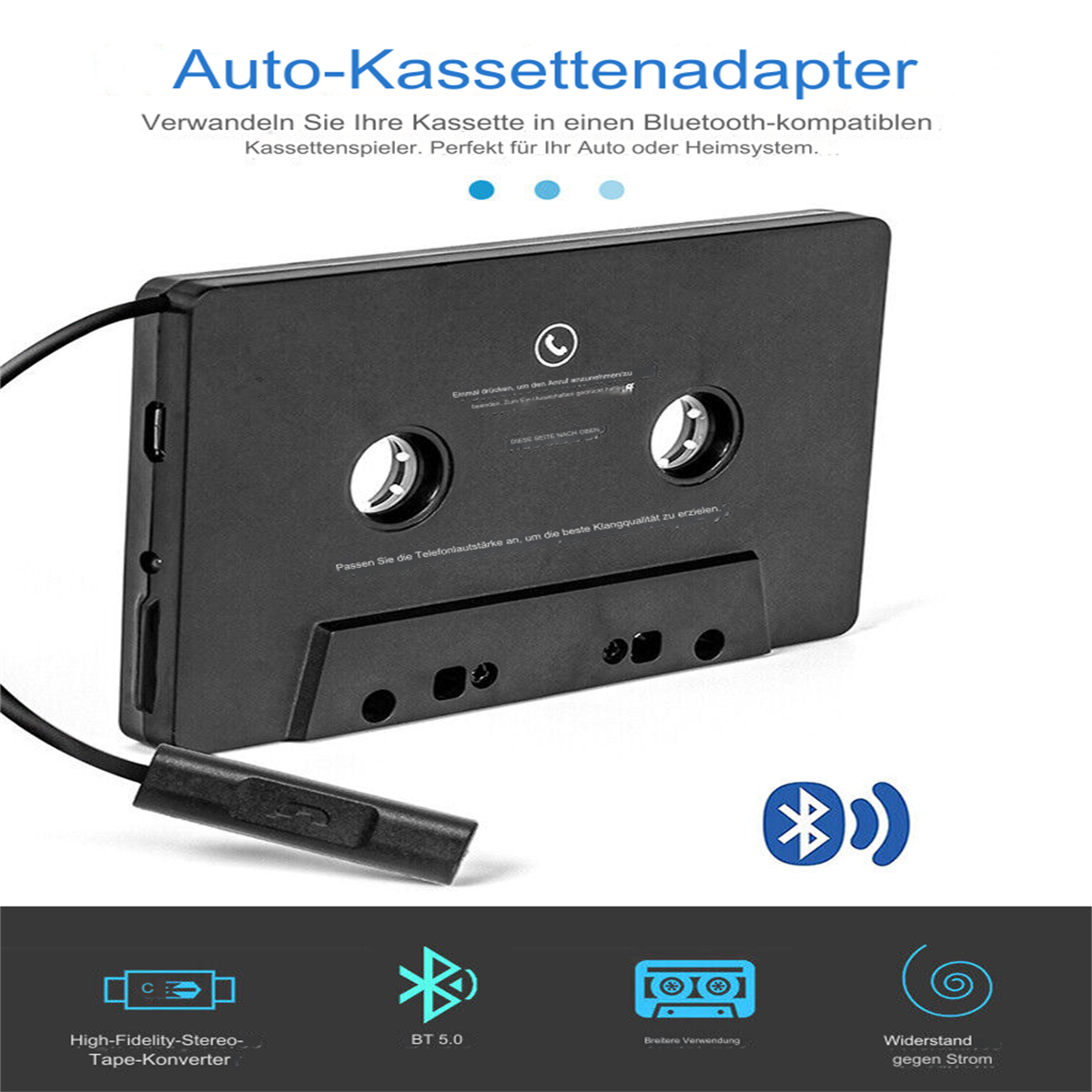 Schwarzer Kassettenadapter mit Kabel und Bluetooth-Symbol. Text auf dem Produkt.