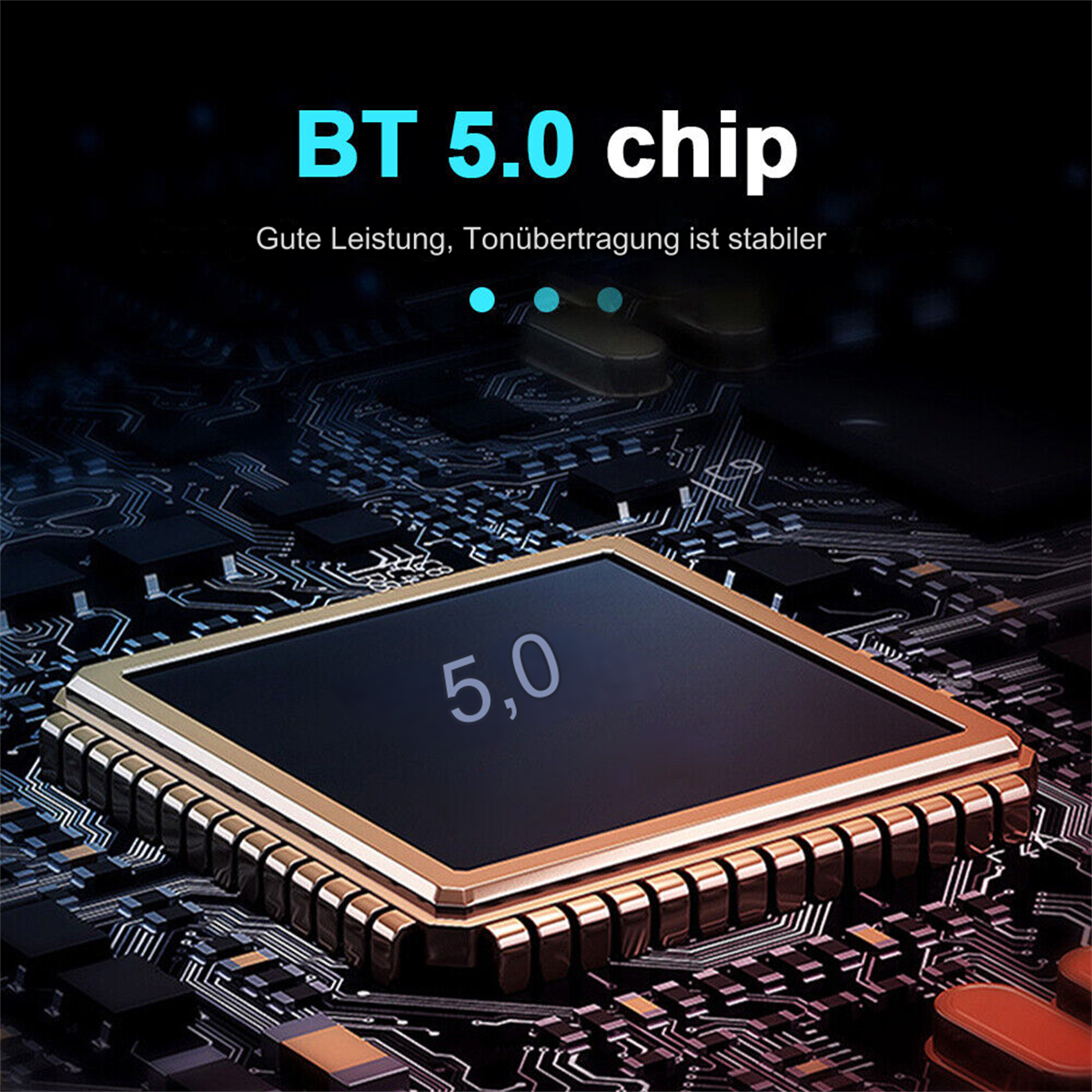 Nahaufnahme einer schwarzen Leiterplatte mit dem Text '5,0' auf einem Chip.