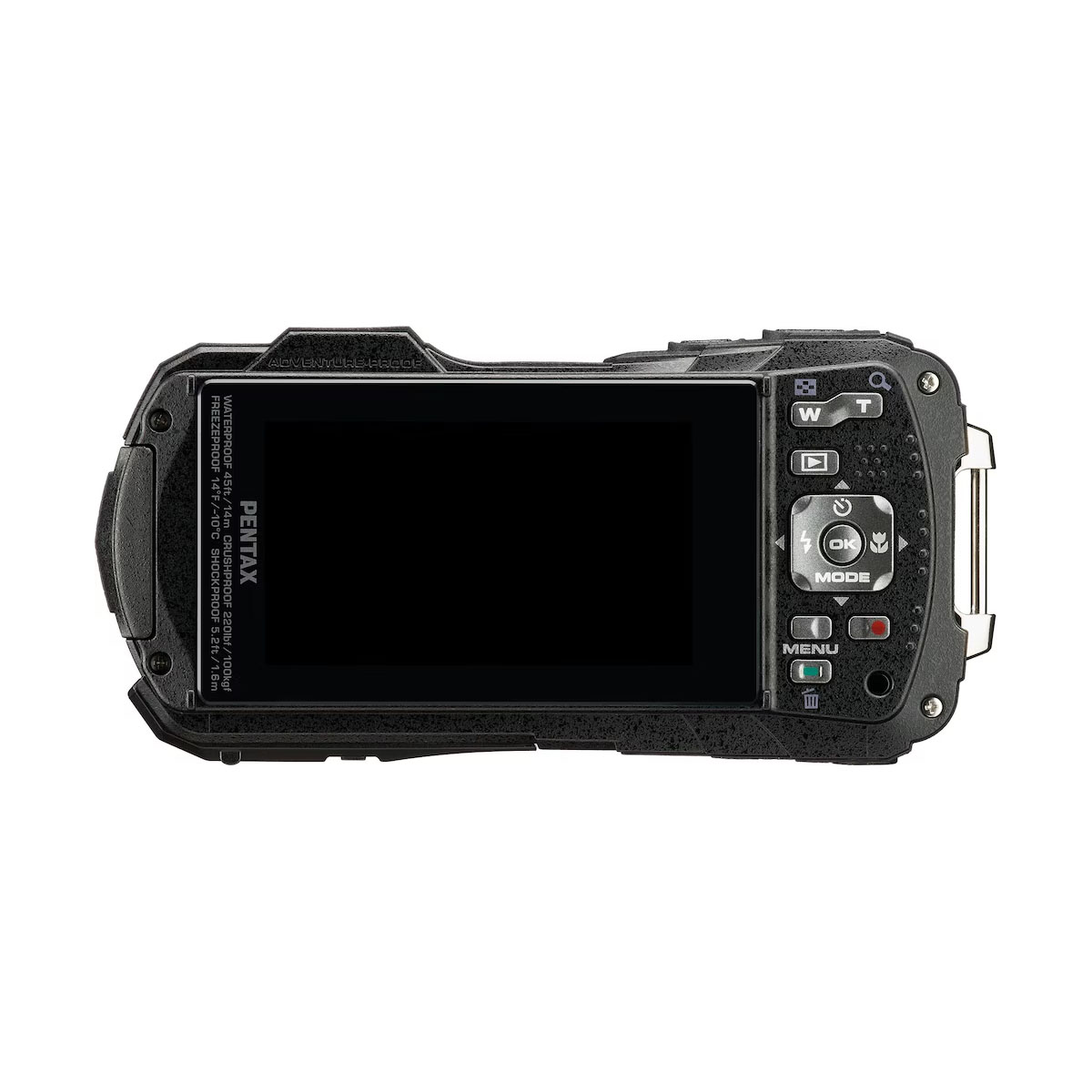 Zwarte Pentax camera die het menuscherm weergeeft op een witte achtergrond.