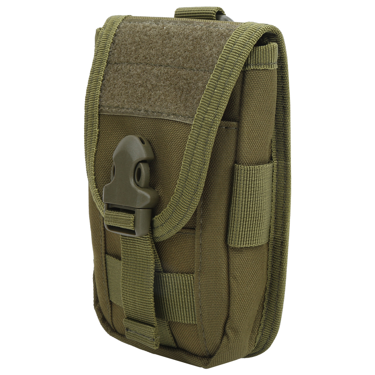 Olivgrüne taktische Tasche mit Verschluss und Klettverschluss. Die Tasche ist geschlossen.