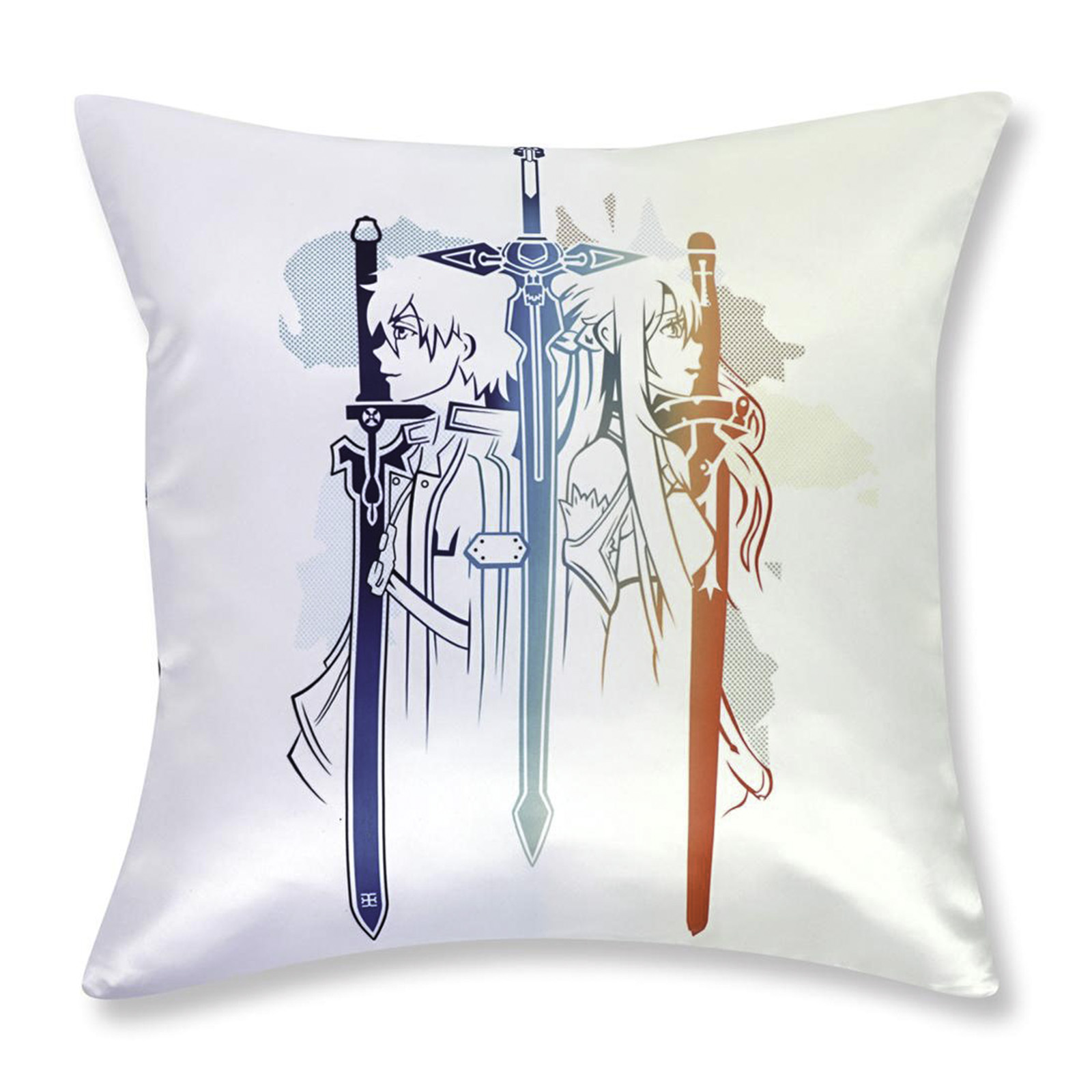 Weißes Kissen mit einer bunten Illustration im Anime-Stil von zwei Charakteren mit Schwertern.