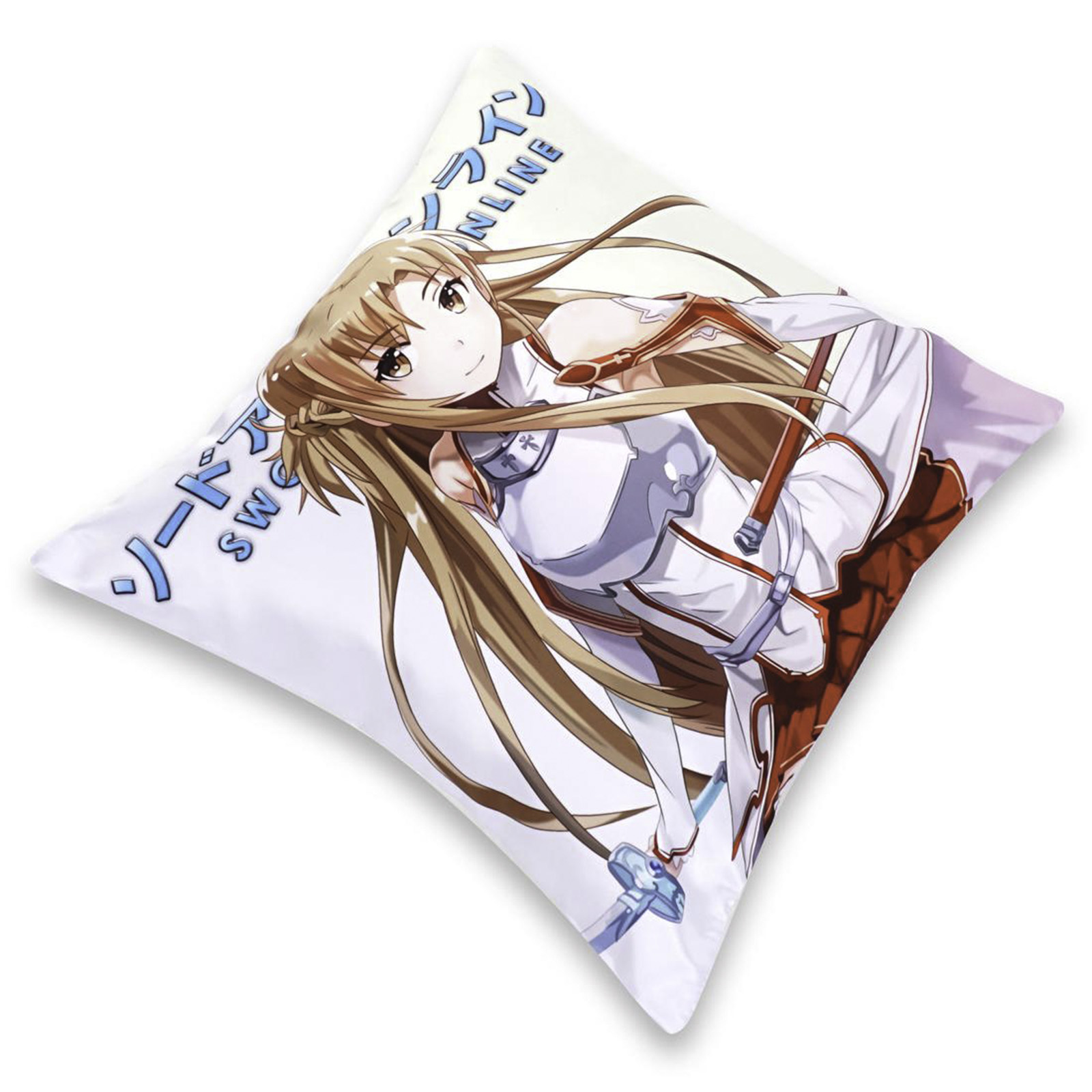 Anime-Kissen mit einem Mädchencharakter. Das Mädchen hat lange braune Haare und trägt ein weißes Outfit.