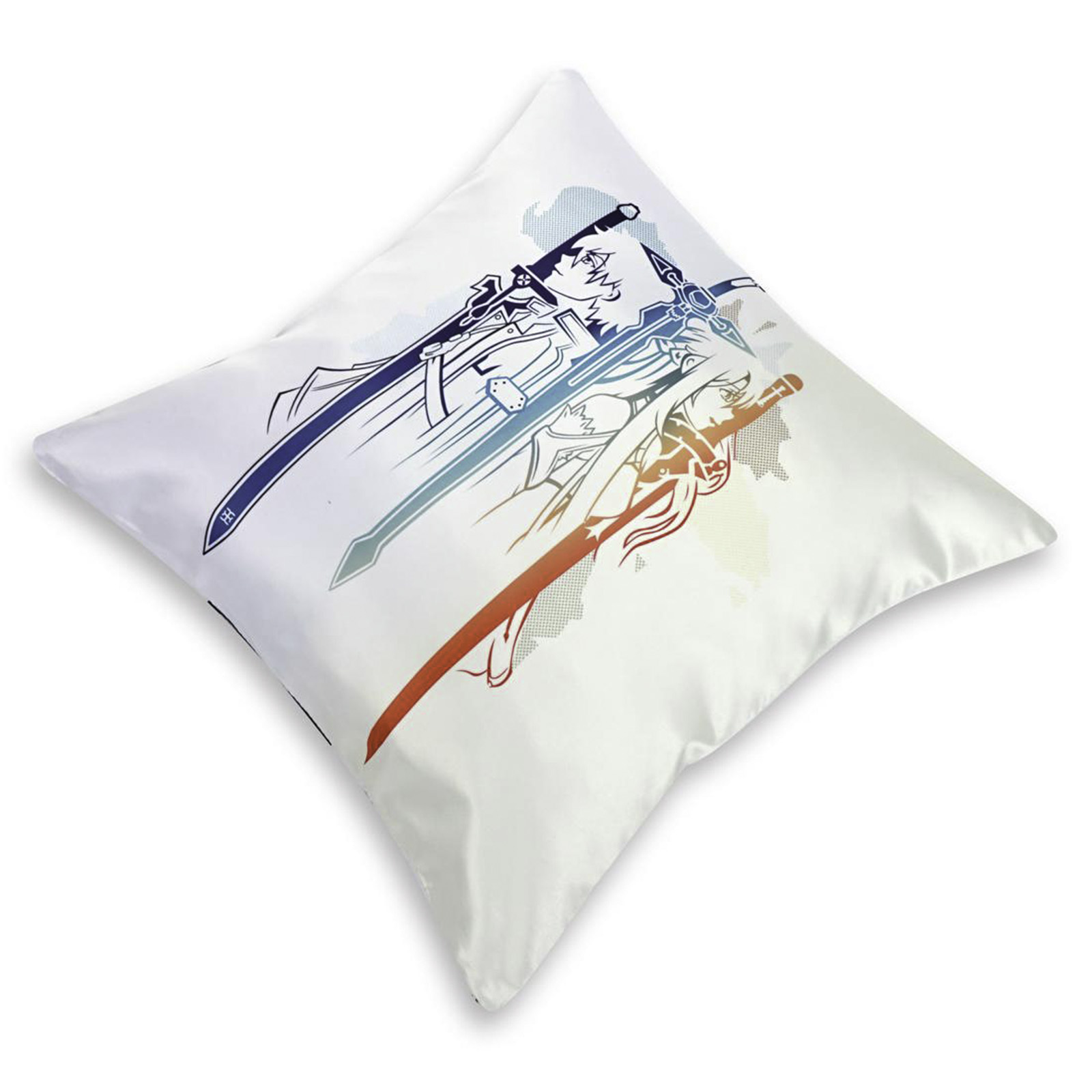 Weißes Kissen mit Anime-Schwertkunst-Designs in Blau, Rot und Hellblau.