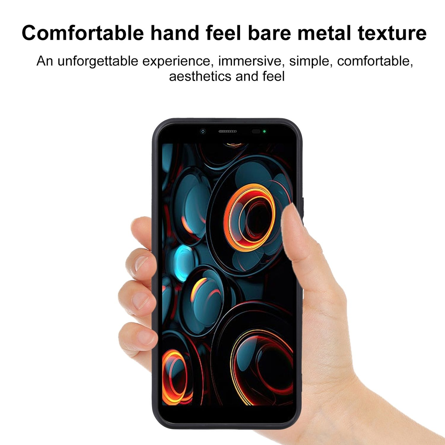 Eine Person hält ein schwarzes Smartphone, Nahaufnahme, mit Text über Textur und farbenfrohem Hintergrund.