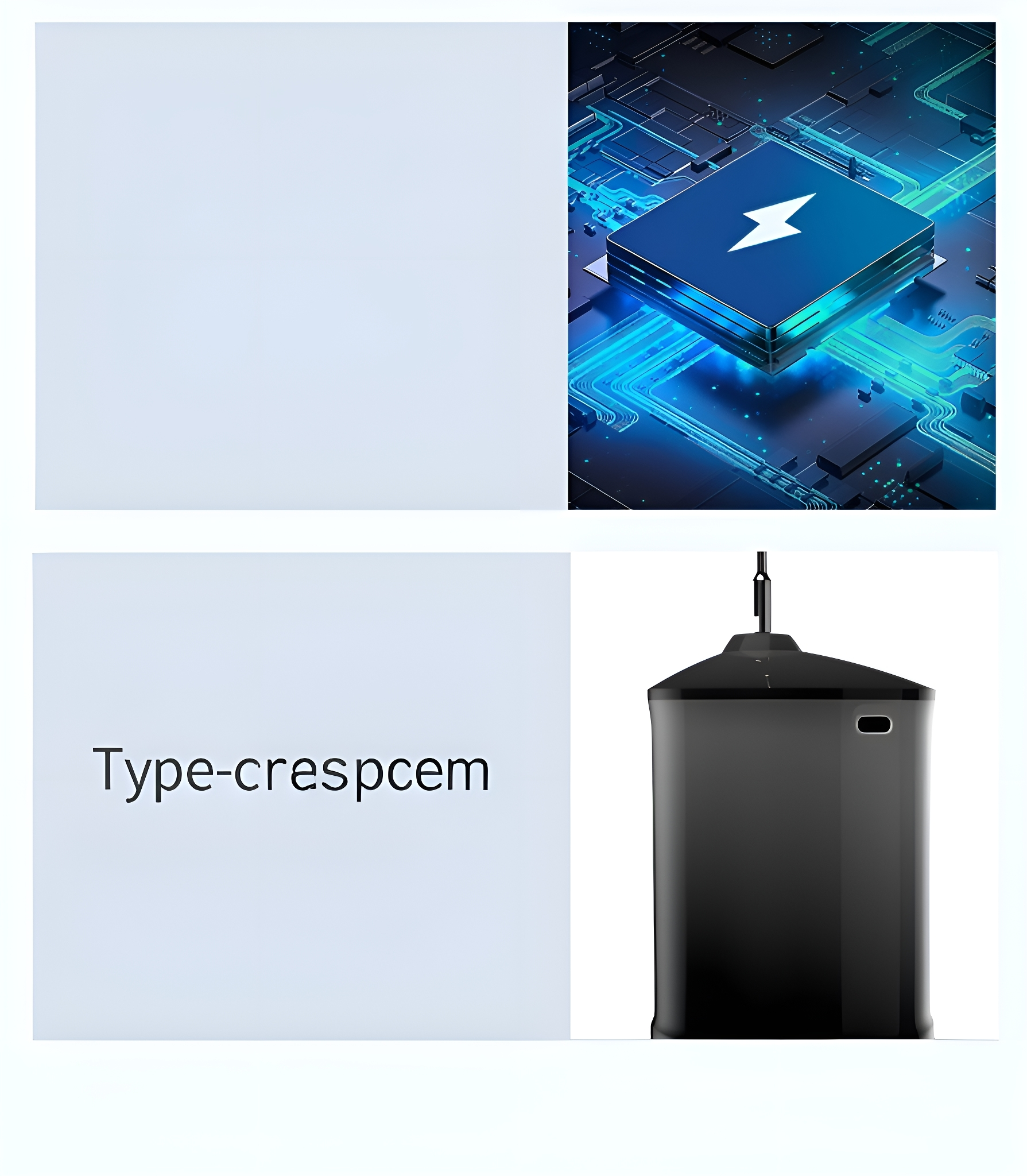 Bild mit einer blauen Leiterplattengrafik, einer schwarzen Box mit Blitz und dem Text 'Type-crespcem'.