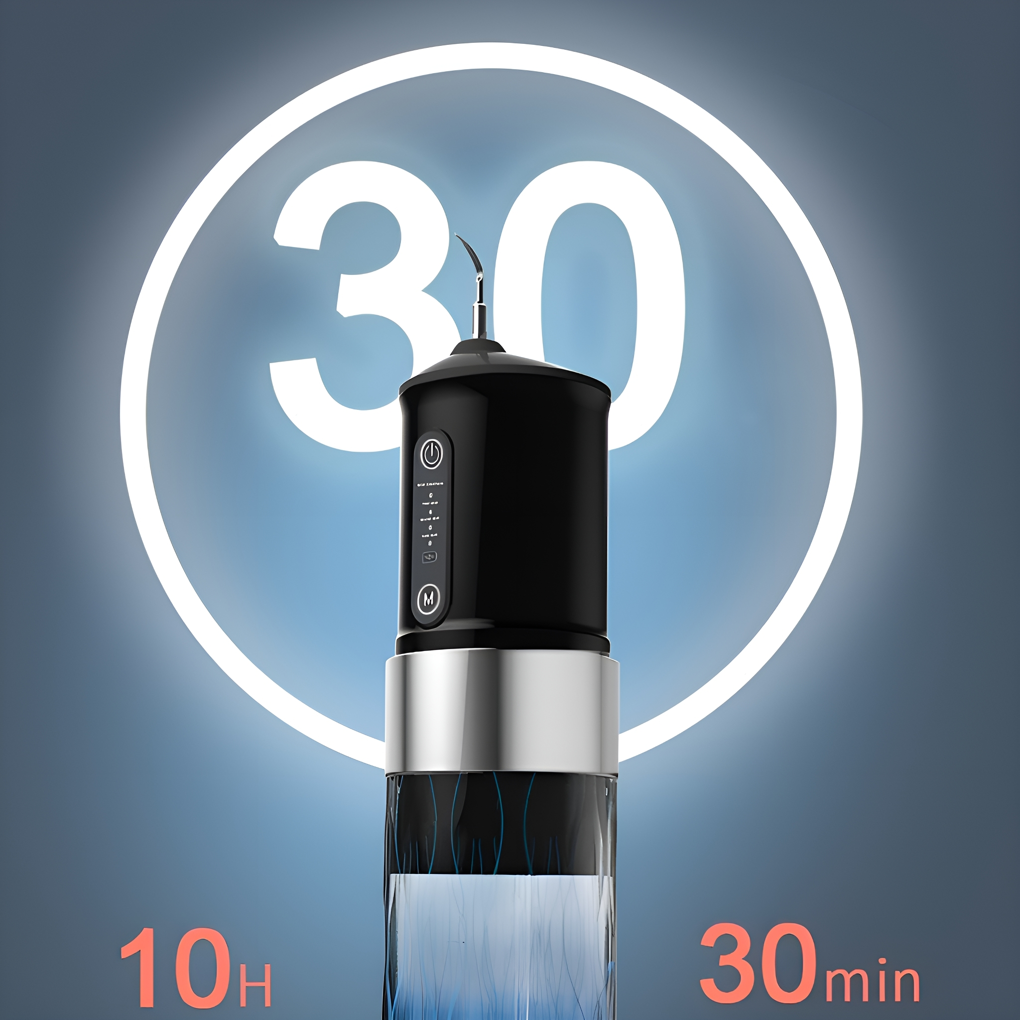 Schwarz-silberner Wasserflosser mit großer '30' im Kreis. Die Zeit wird angezeigt.