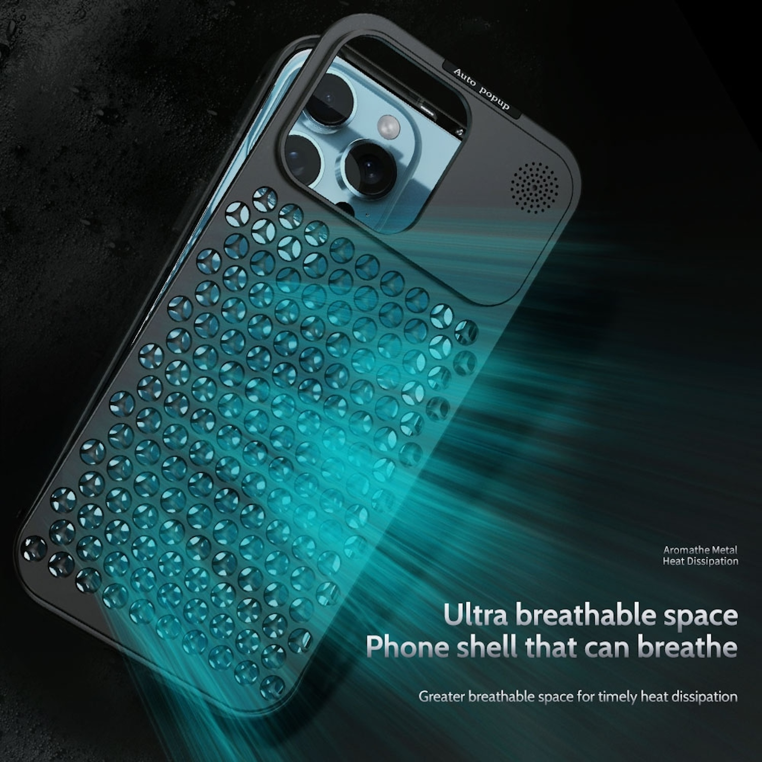 Telefonhülle mit perforiertem Design. Text lautet 'Ultra atmungsaktiver Raum' und 'Telefonschale, die atmen kann'.
