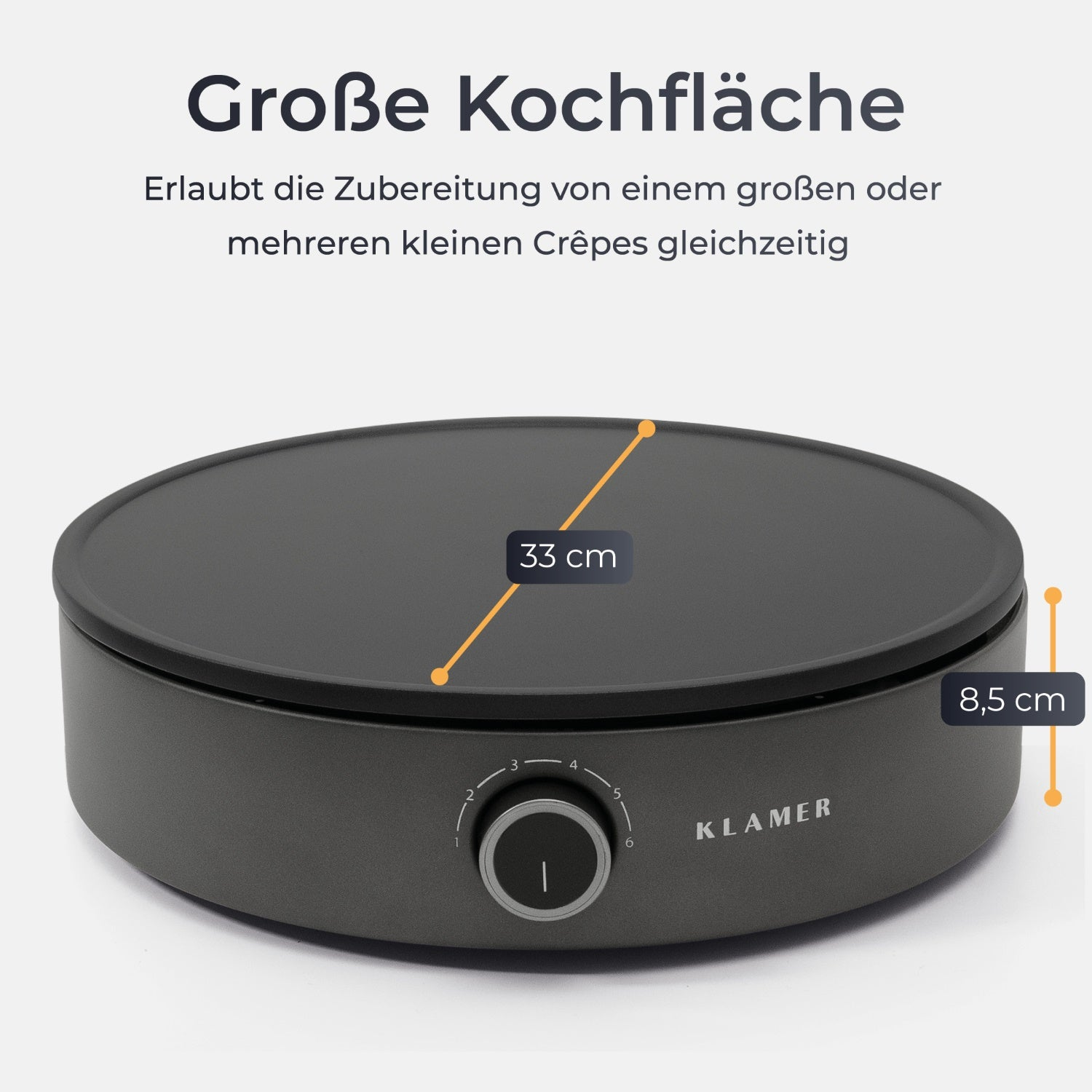 Dunkelgrauer Crêpes-Maker mit 33 cm Durchmesser, Maßen und Text.