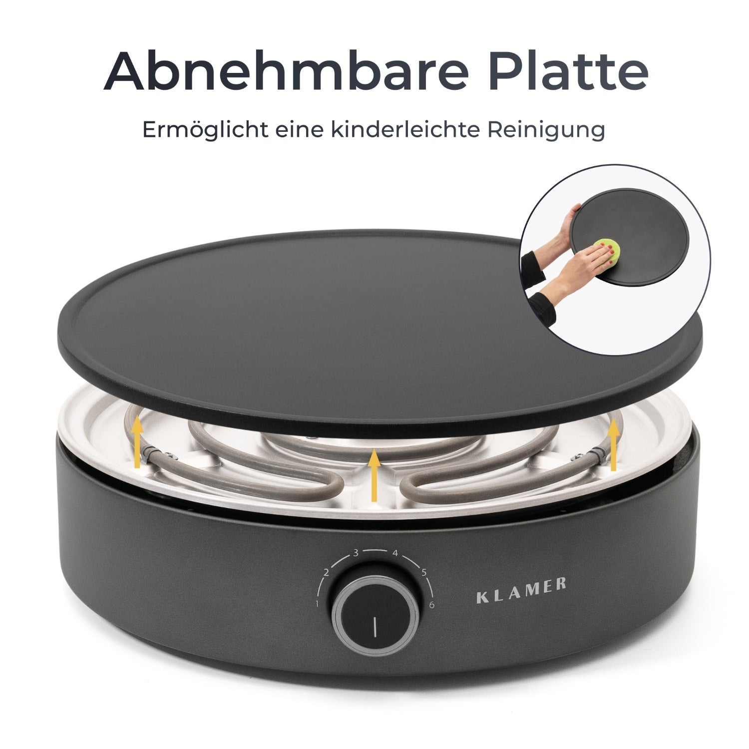 Eine abnehmbare Platte wird von einem runden Kochgerät abgehoben. Zeigt die Reinigung mit einem Schwamm.