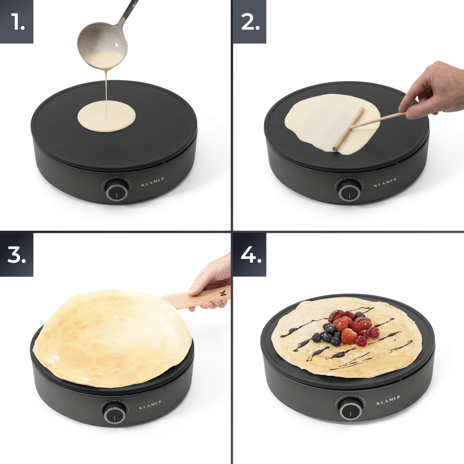 Crepes zubereiten, Teig gießen bis Belag. Dunkle runde Grillplatte, weißer Hintergrund.