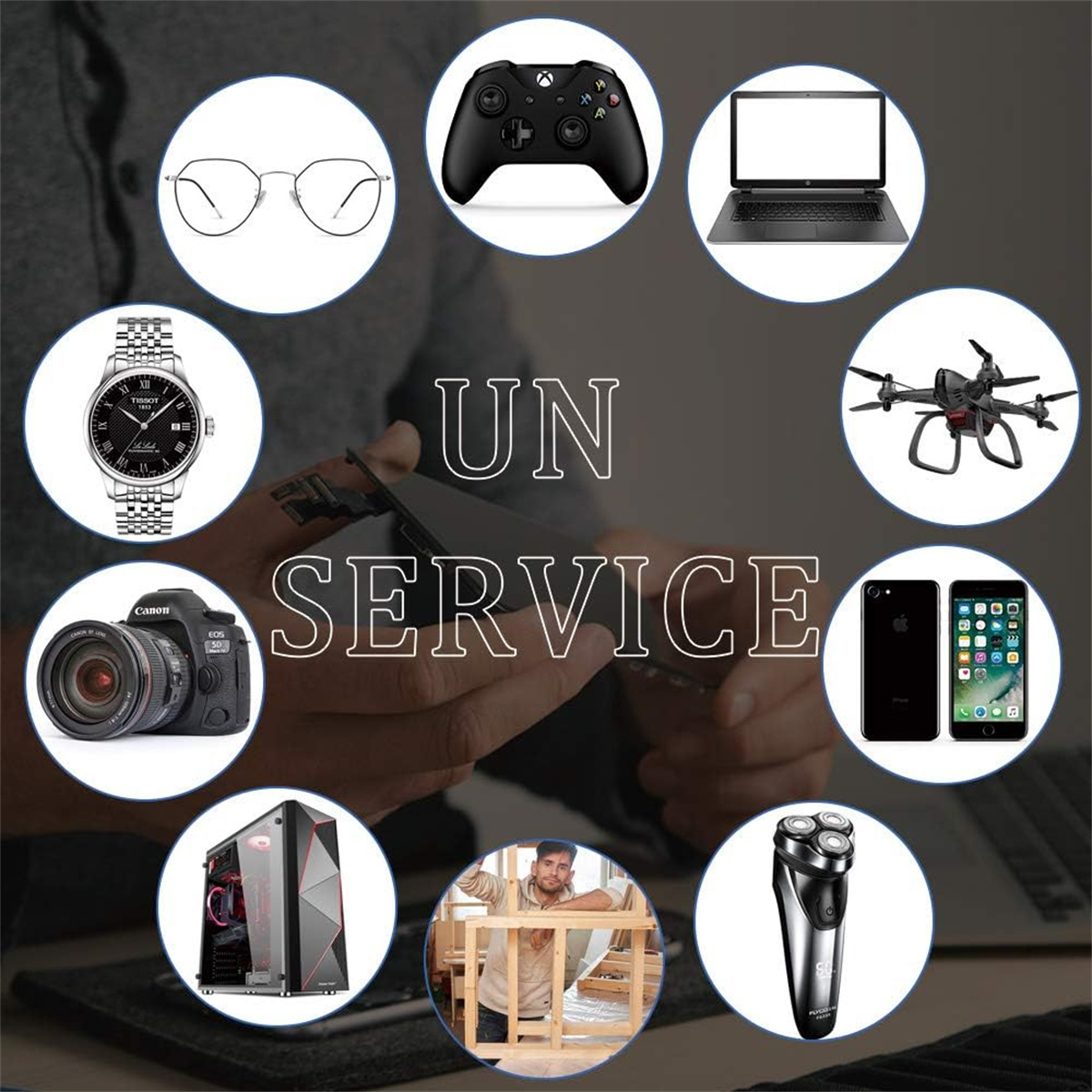 Eine Collage verschiedener Gegenstände, darunter Brillen, eine Kamera, ein Telefon und eine Drohne. Weißer Hintergrund.
