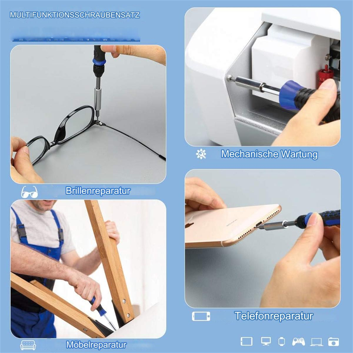 Mehrere Bilder zeigen Reparaturwerkzeuge. Schraubendreher werden zur Reparatur von Brillen, einem Tablet und Möbeln verwendet.