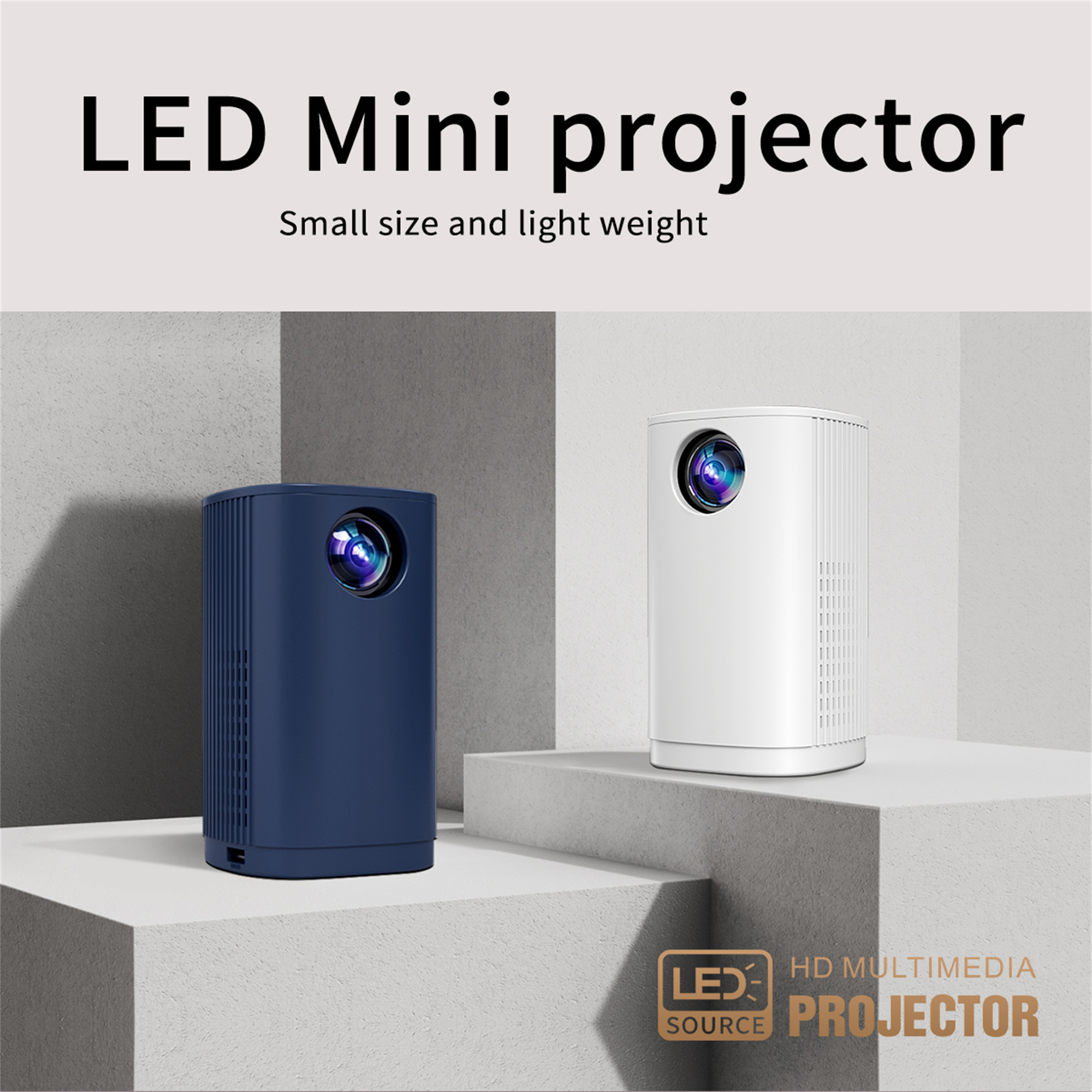 Zwei Mini-Projektoren, einer blau und einer weiß, auf einer grauen Oberfläche mit Text: LED-Mini-Projektor.