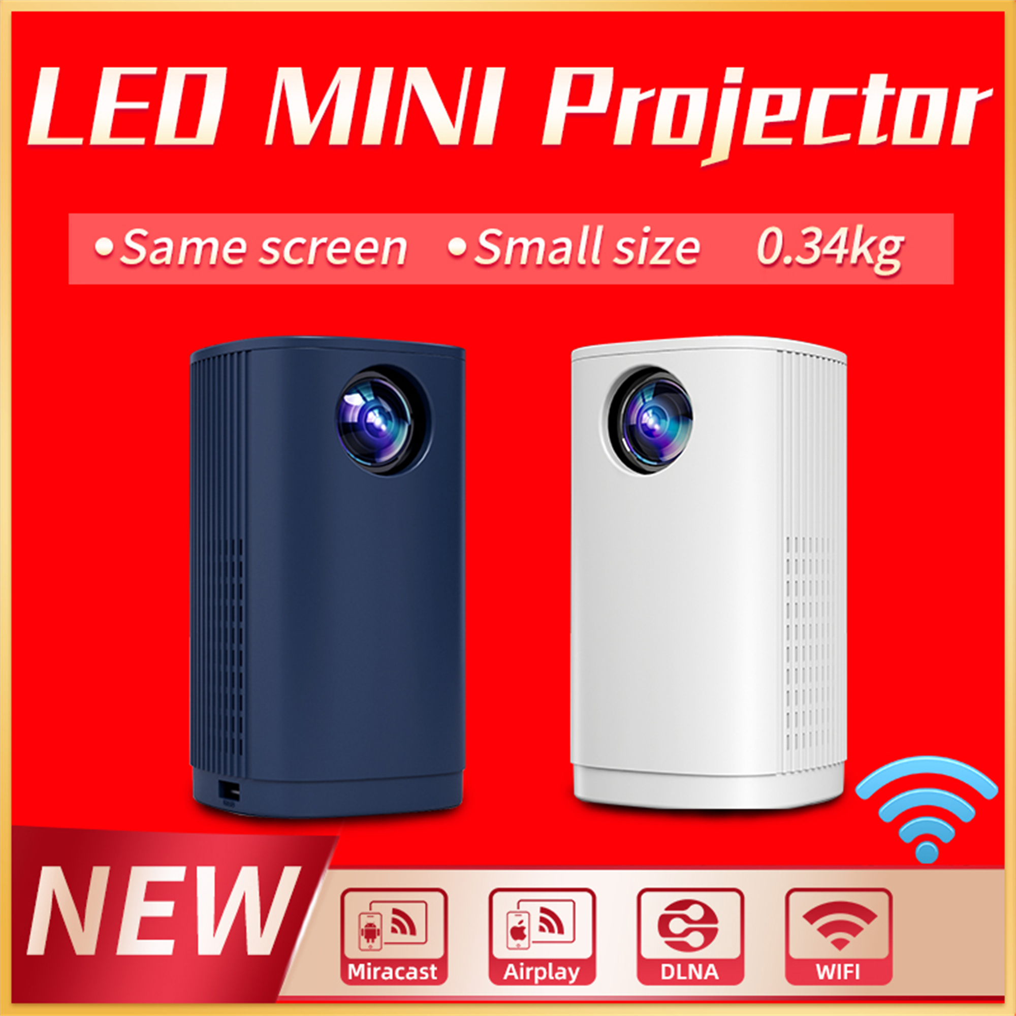 Zwei Mini-Projektoren, blau und weiß, mit Text: 'LED MINI Projektor'. Icons: Miracast, Airplay, DLNA, WIFI.
