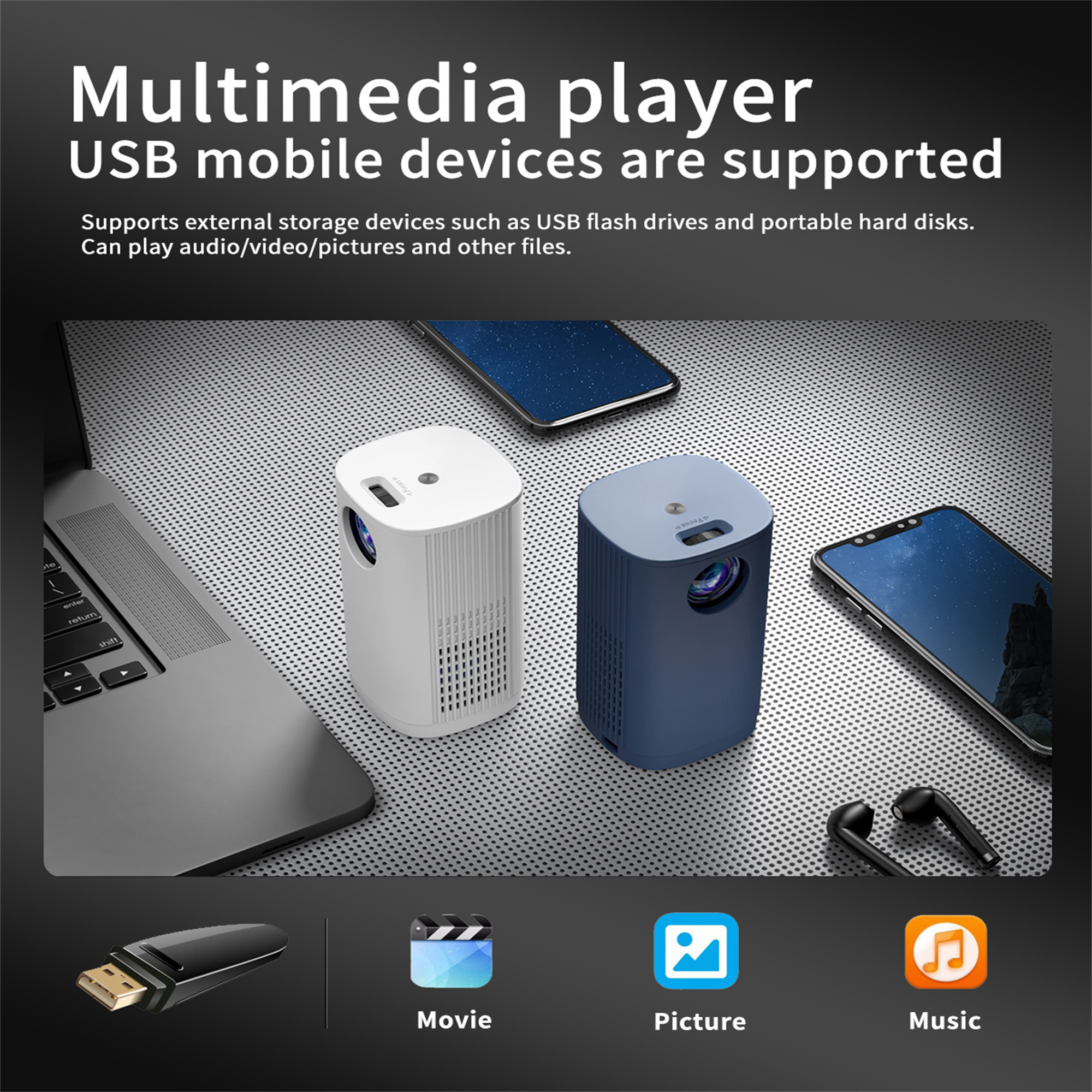 Multimedia-Player mit Projektor, Telefonen und Zubehör auf Metalloberfläche.