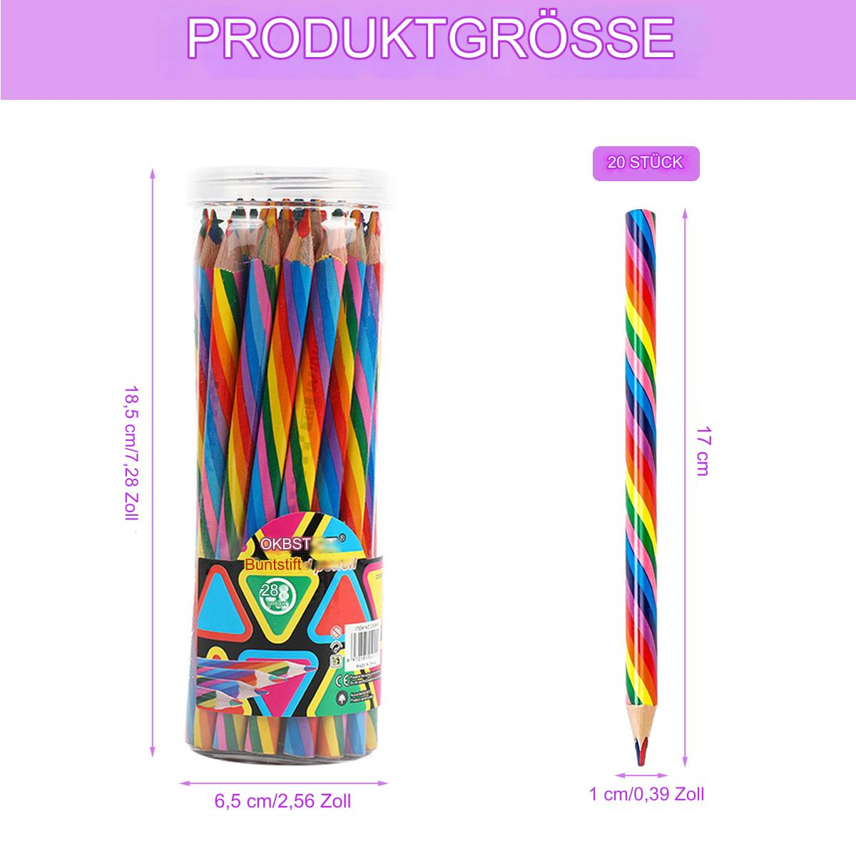 Zylindrischer Behälter mit Regenbogenstiften und ein einzelner Stift mit Regenbogenstreifen. Textbeschriftungen.