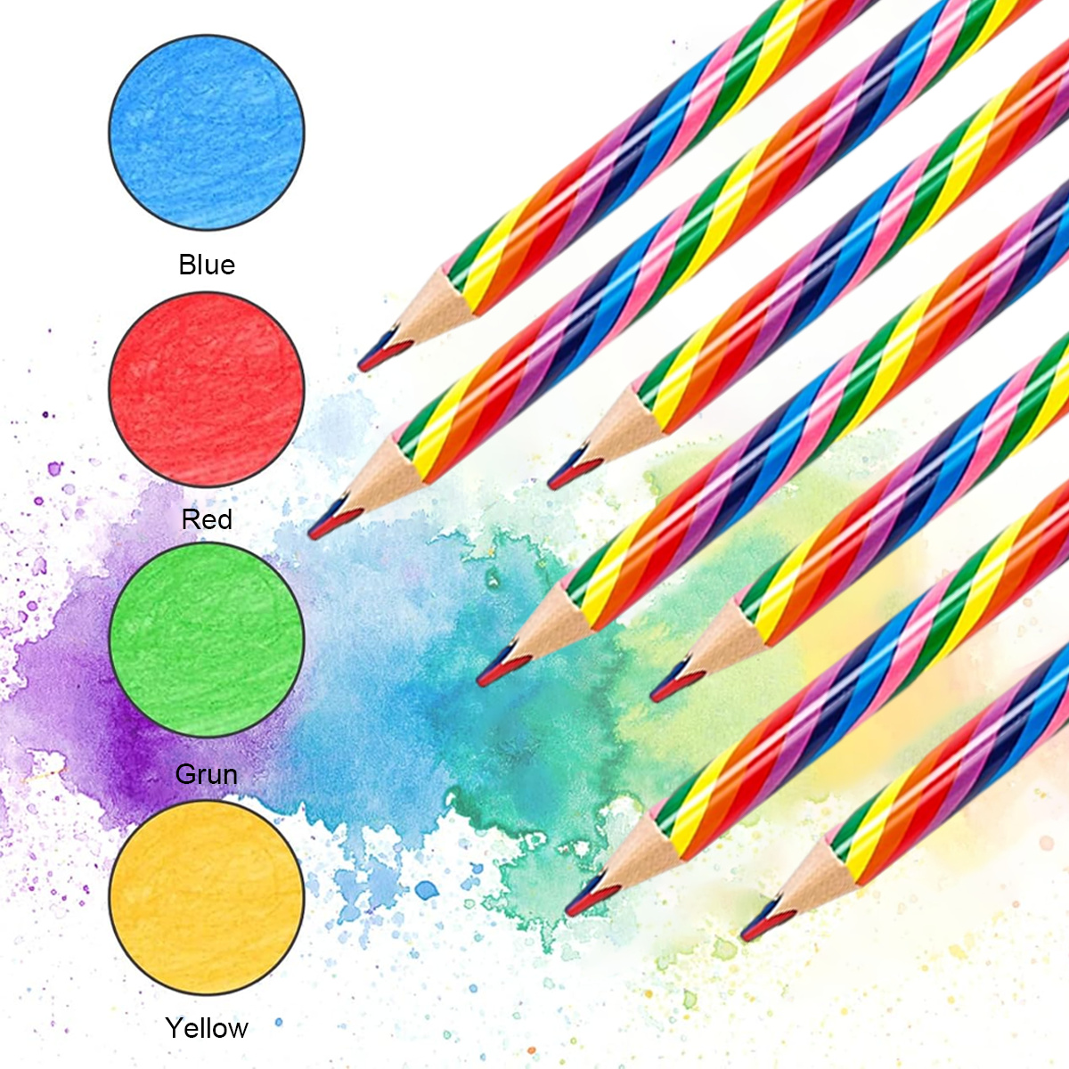 Farbstifte. Jeder Stift hat Regenbogenstreifen. Farbkreise: blau, rot, grün, gelb.