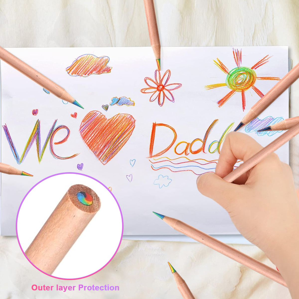 Buntstifte auf einer Zeichnung mit den Worten "We Love Daddy" und einem Herz, mit einer Nahaufnahme des Stiftkerns.
