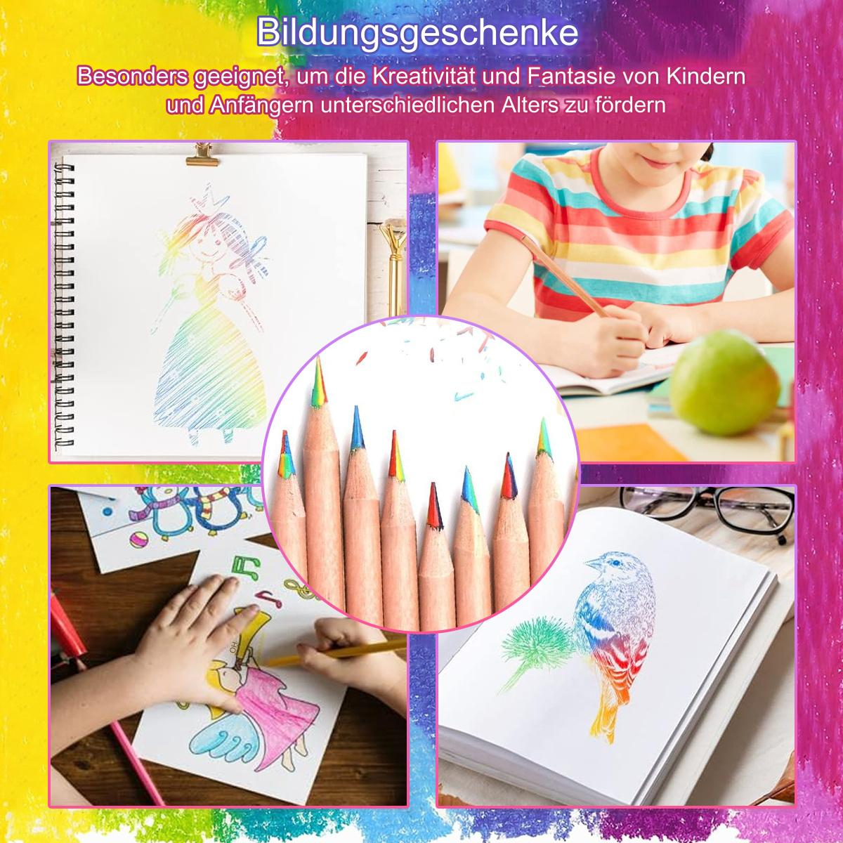 Eine Collage von Kindern, die mit Buntstiften und Kreiden zeichnen. Enthält ein Notizbuch und eine Zeichnung.