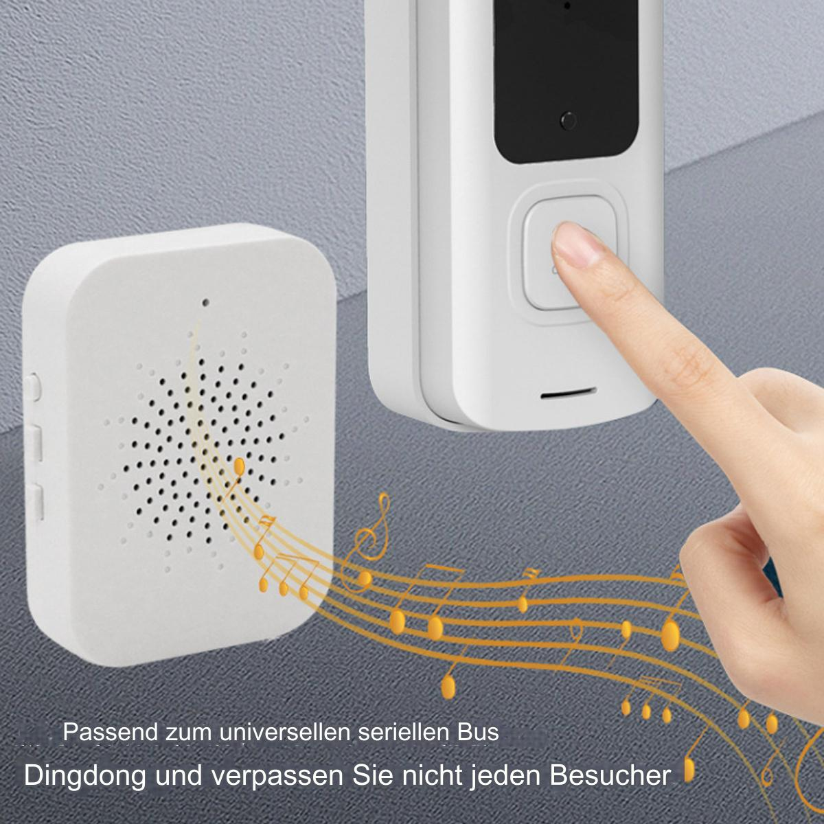 Weiße Türklingel und Empfänger mit Noten, mit Text über Besucherbenachrichtigungen.