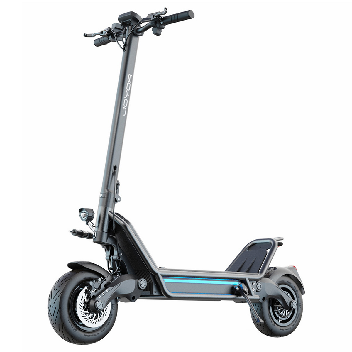 Scooter elettrico nero. Ruote anteriori e posteriori visibili. Manubrio e luci in alto.