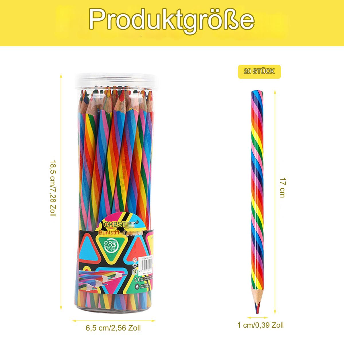 Zylindrischer Behälter mit Regenbogenstiften und ein einzelner Stift mit Regenbogenstreifen. Textbeschriftungen.