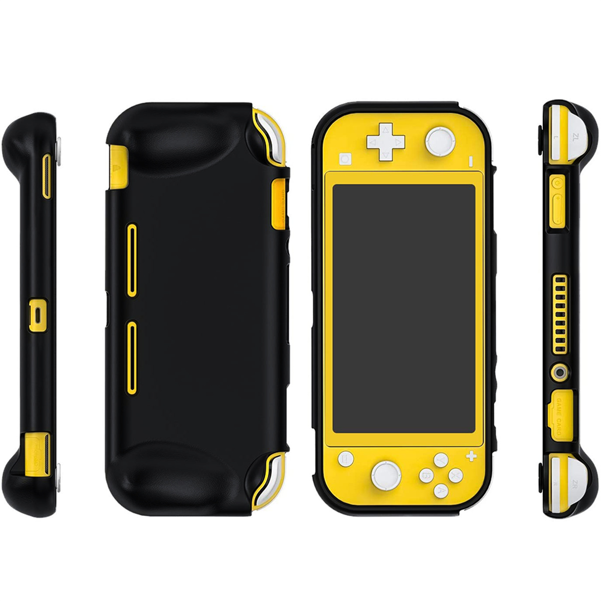 Eine gelb-schwarze Schutzhülle für eine Nintendo Switch Lite, aus verschiedenen Blickwinkeln gezeigt.