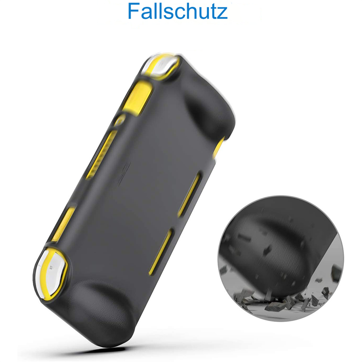 Schwarze und gelbe Schutzhülle für ein Handheld-Gerät mit Grafikeffekt.