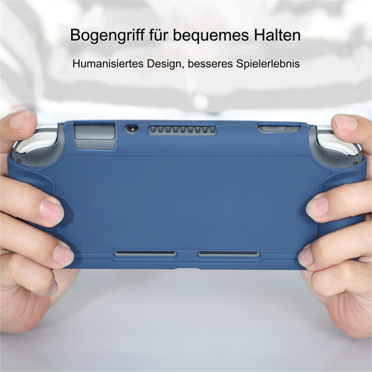 Eine blaue Handheld-Konsolenhülle, gehalten von Händen, mit Text oben.
